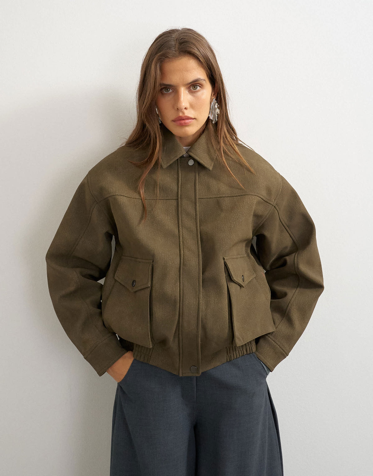 Topshop faux leather oversized bomber jacket in brown