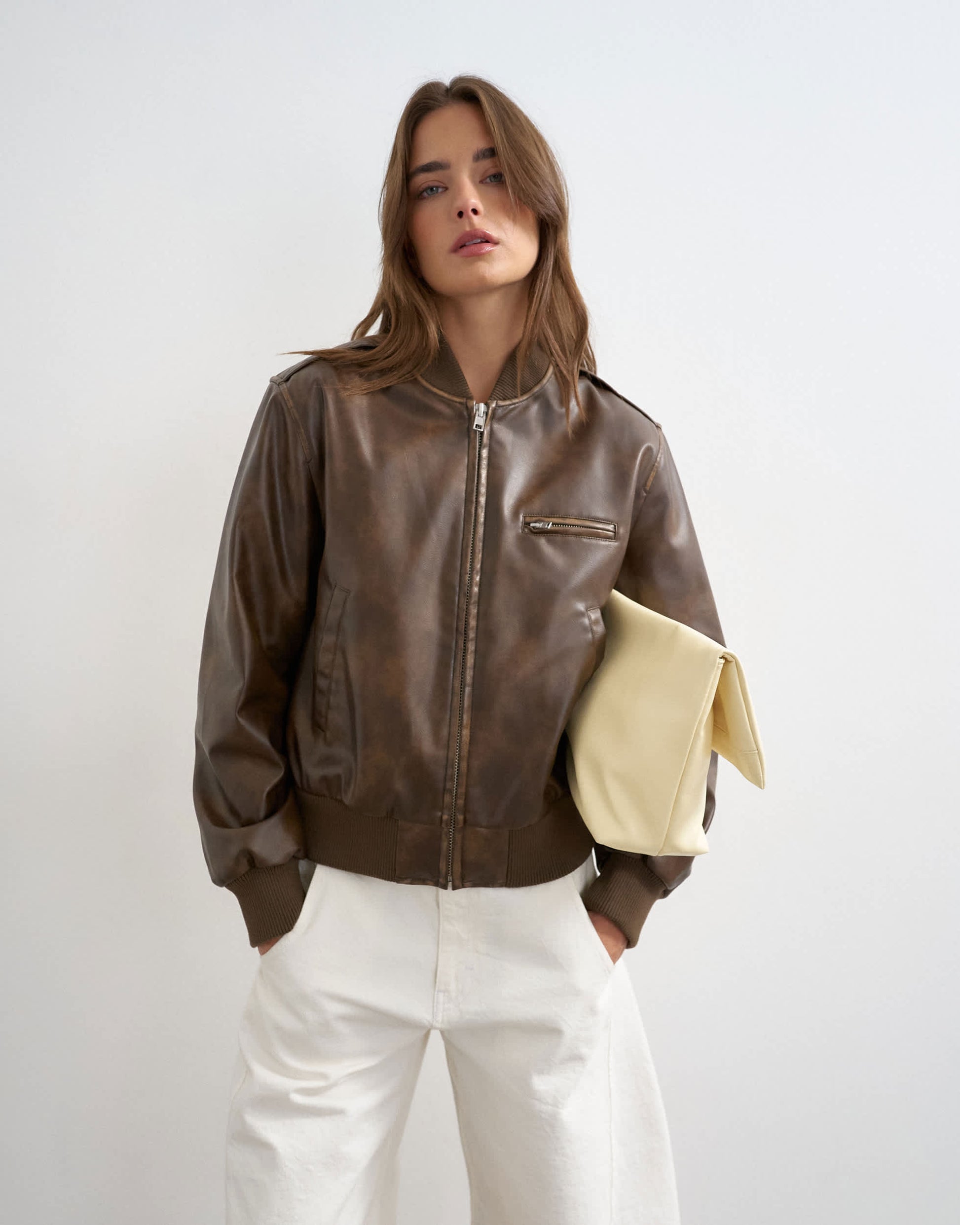 Topshop faux leather fitted bomber jacket in washed brown