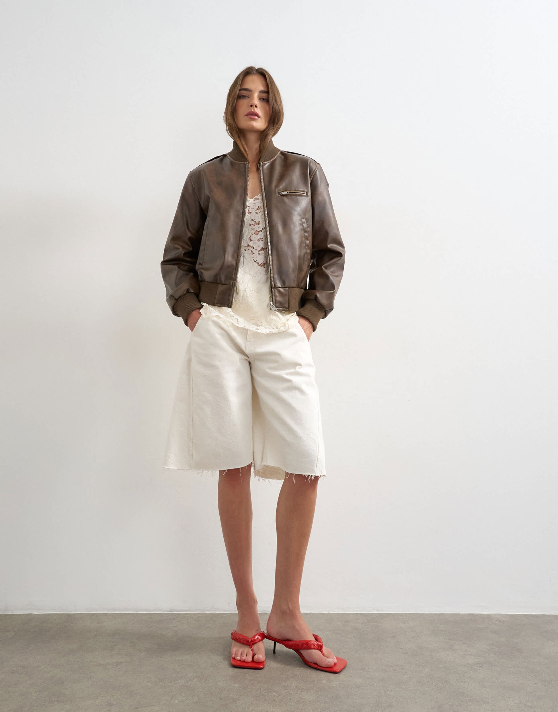 Topshop faux leather fitted bomber jacket in washed brown