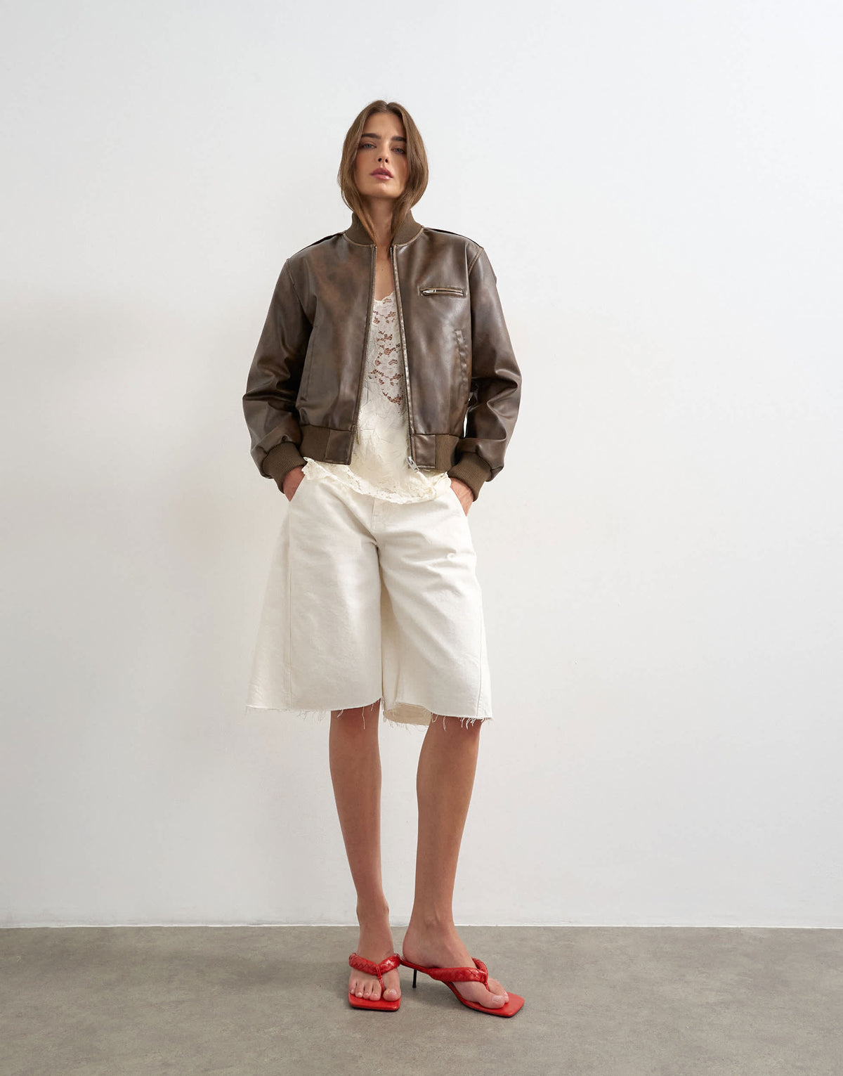 Topshop faux leather fitted bomber jacket in washed brown