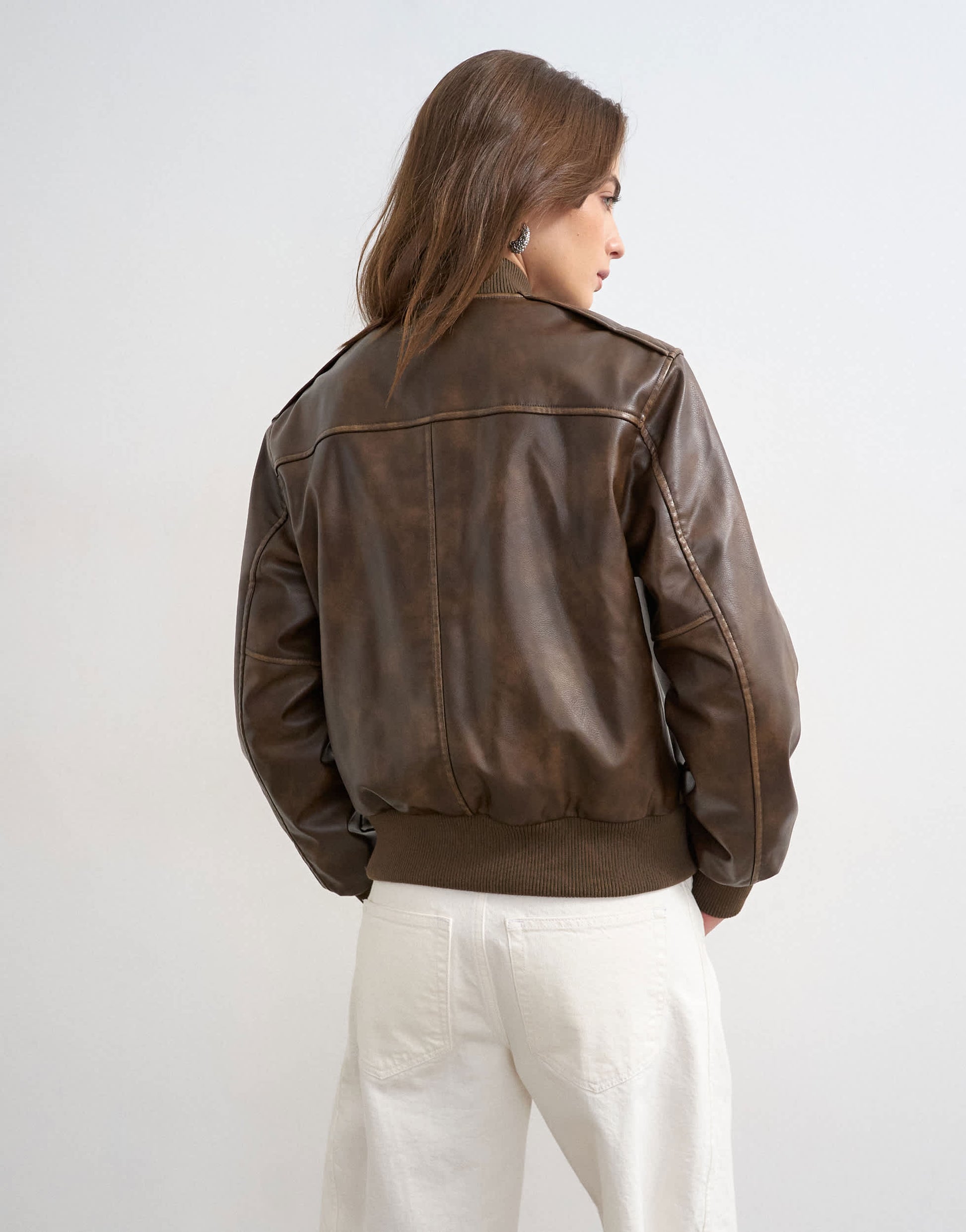 Topshop faux leather fitted bomber jacket in washed brown