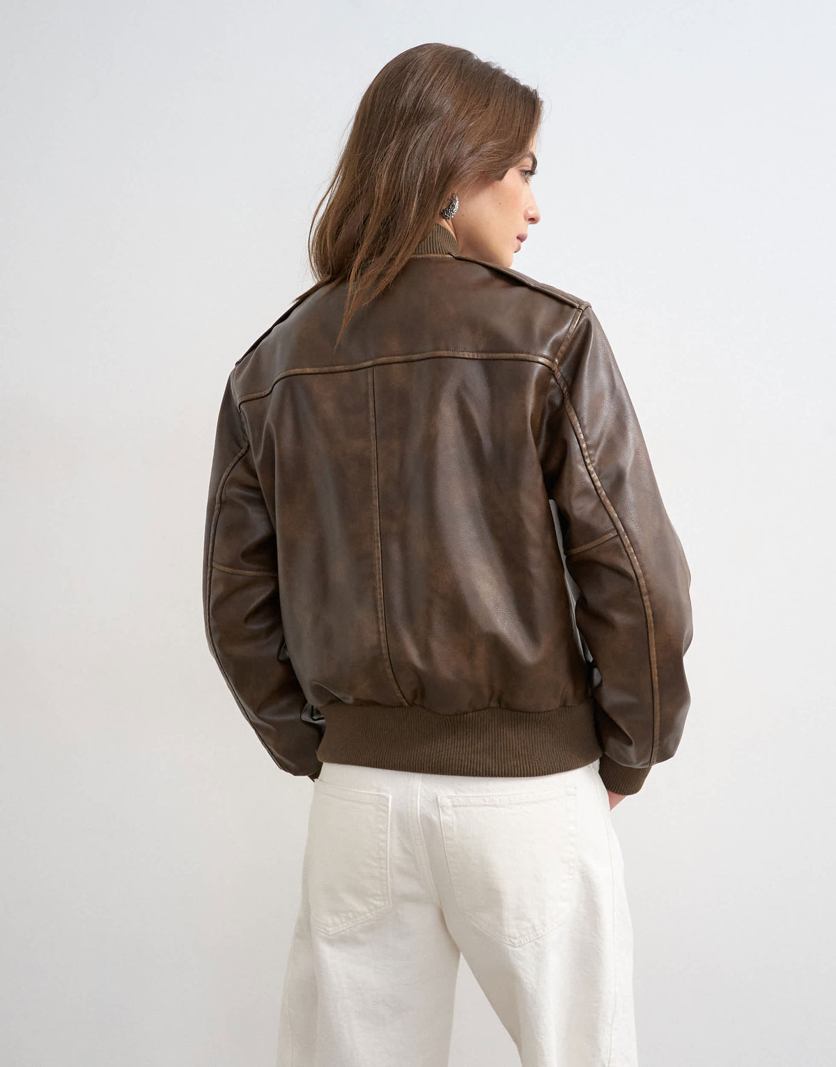 Topshop faux leather fitted bomber jacket in washed brown