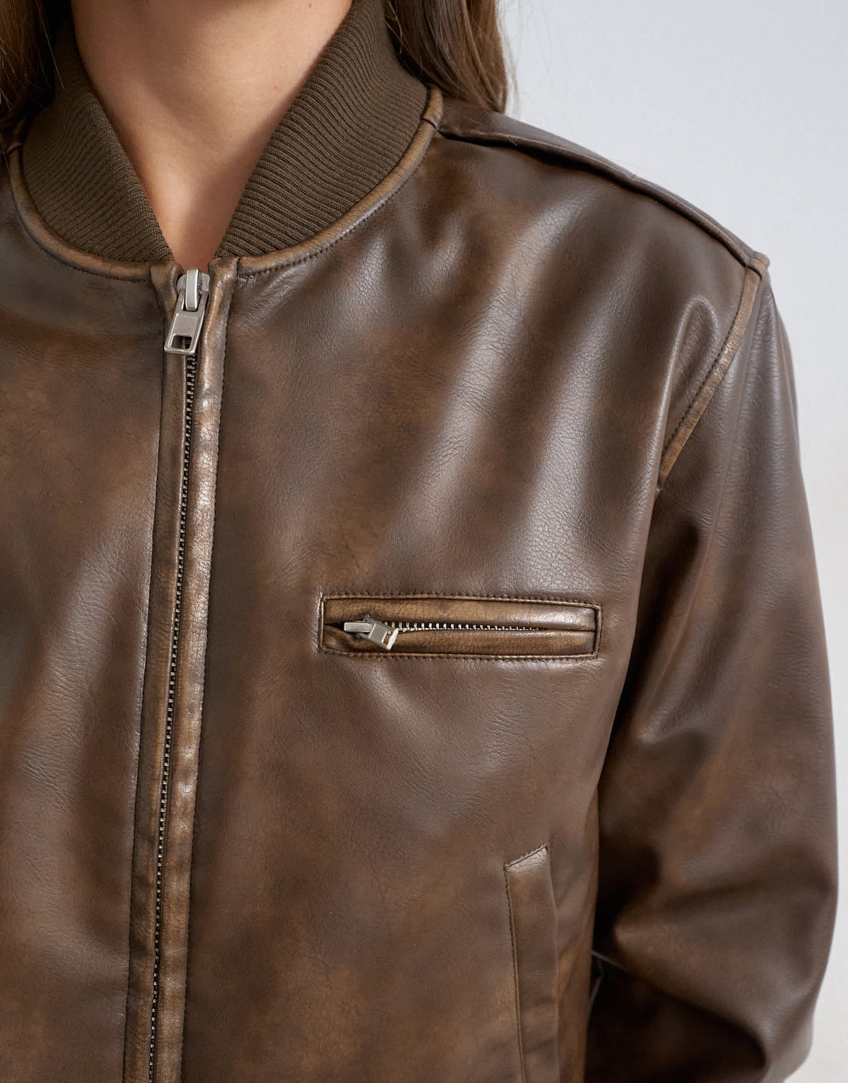 Topshop faux leather fitted bomber jacket in washed brown