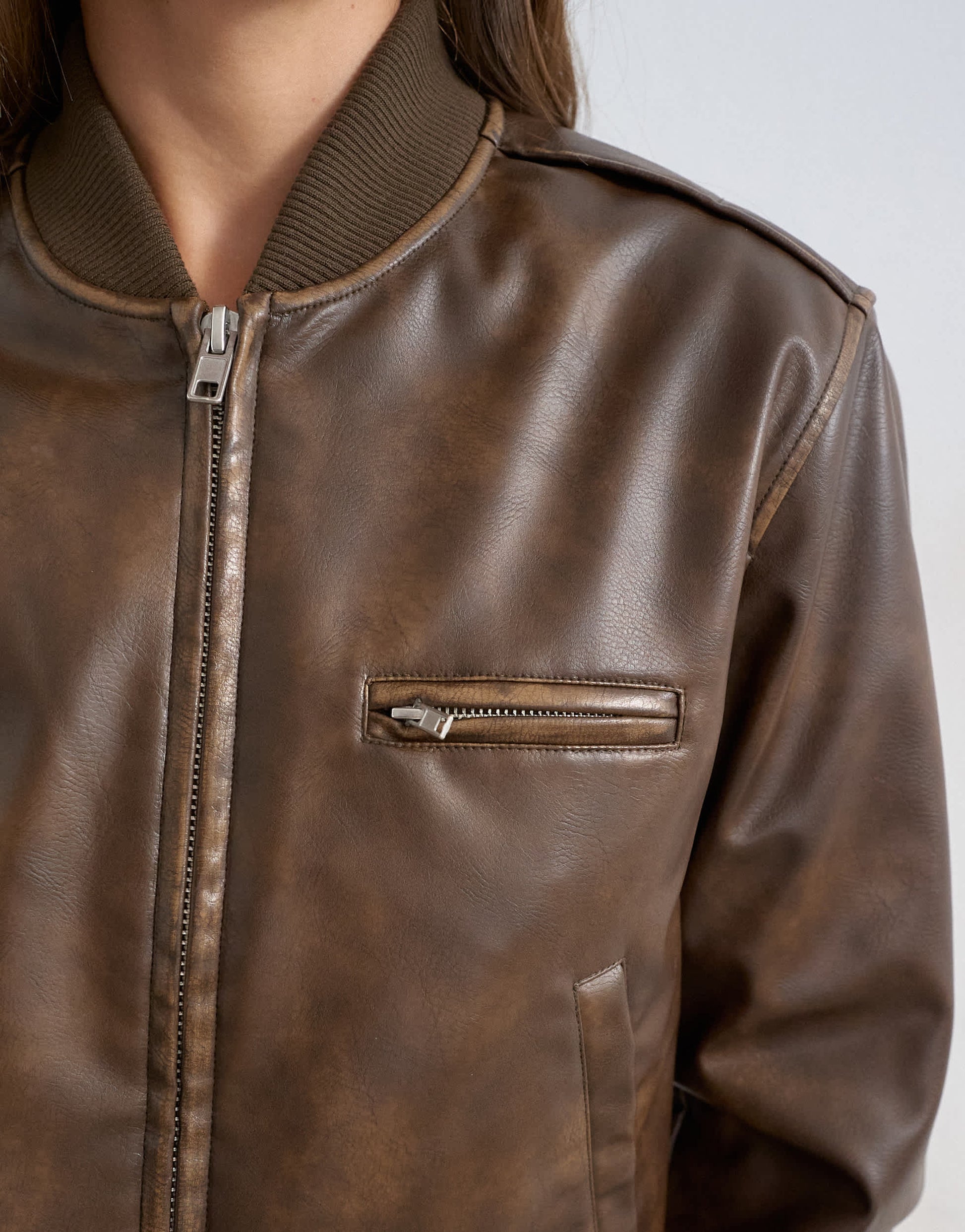 Topshop faux leather fitted bomber jacket in washed brown