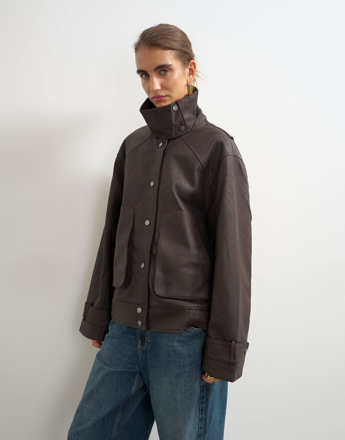 Topshop faux leather funnel neck jacket in chocolate