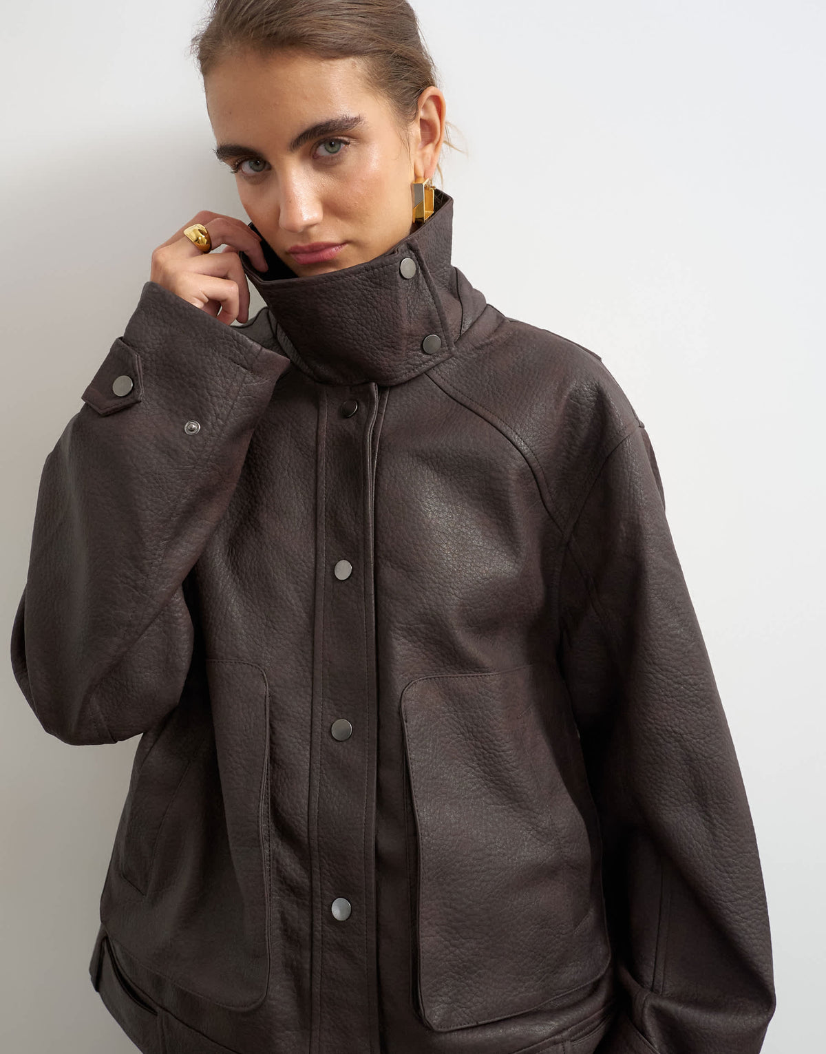 Topshop faux leather funnel neck jacket in chocolate
