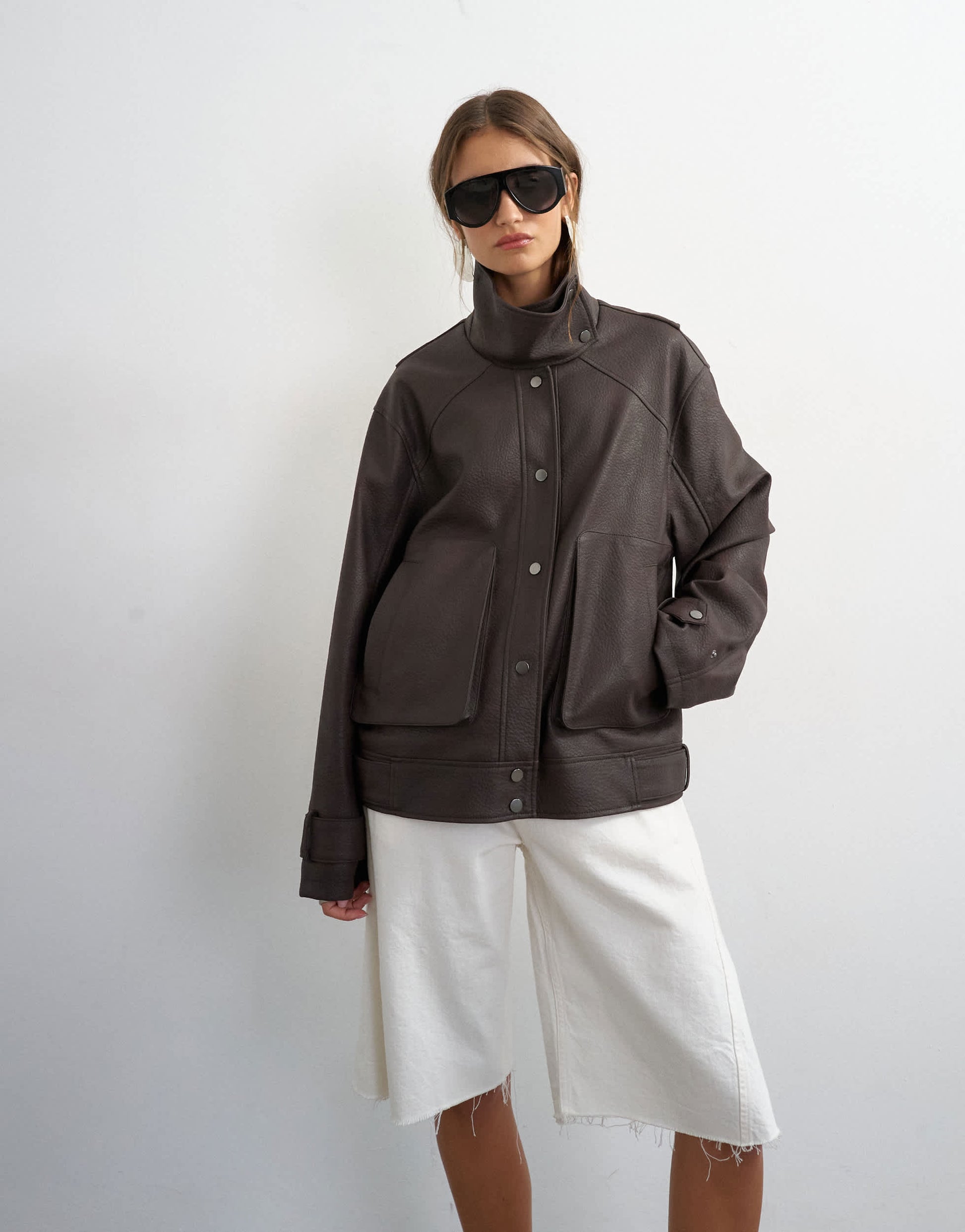Topshop faux leather funnel neck jacket in chocolate