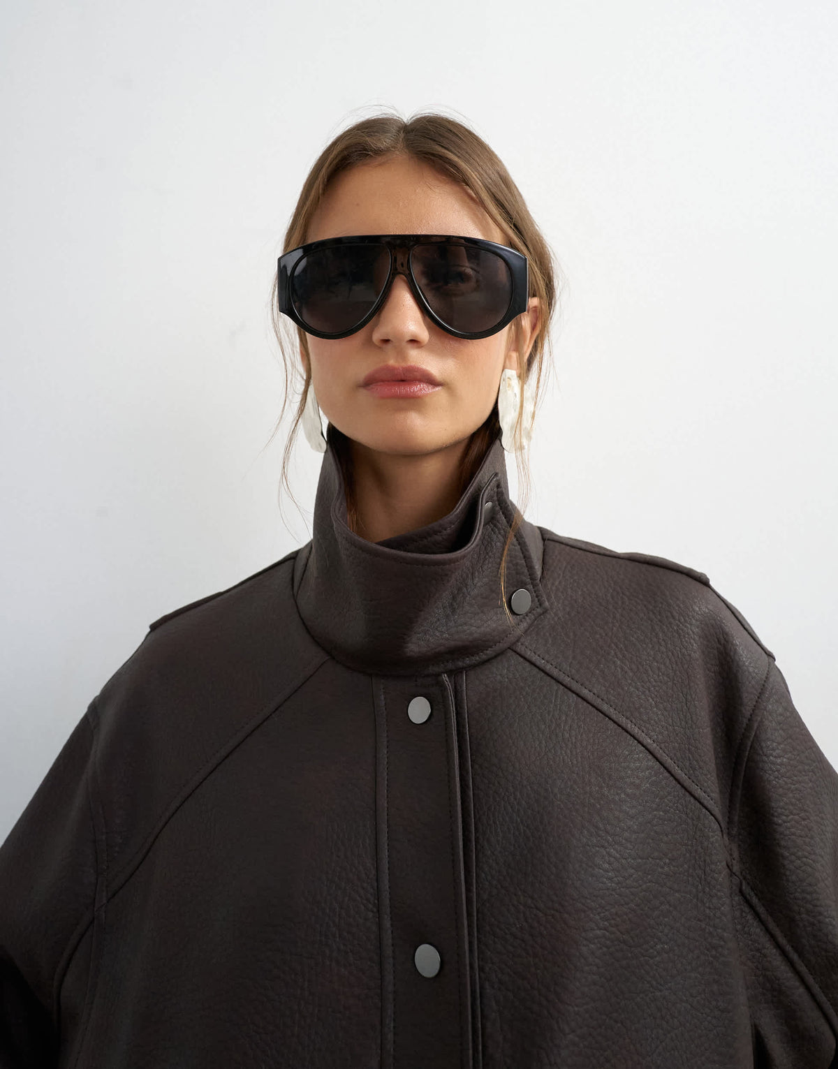 Topshop faux leather funnel neck jacket in chocolate
