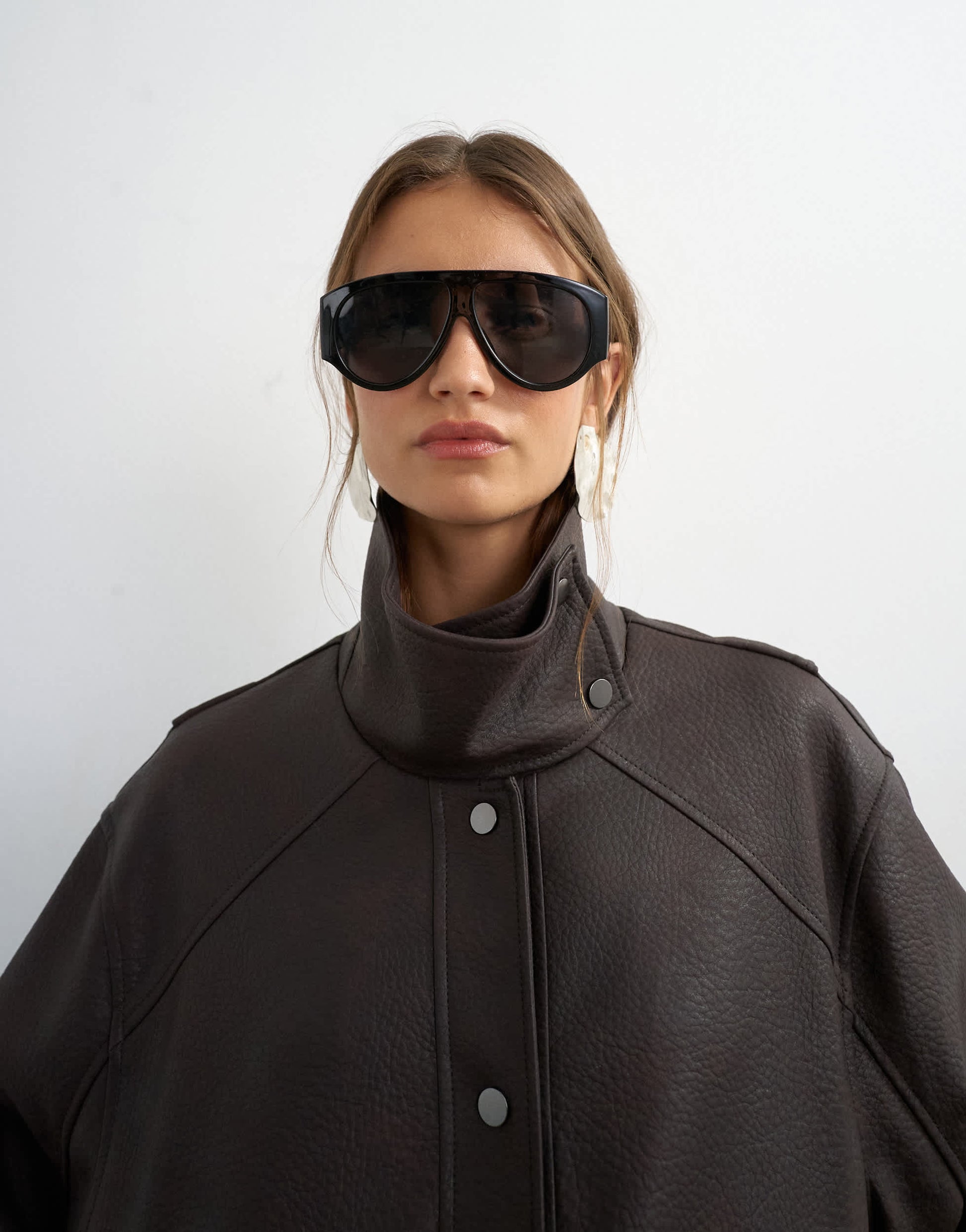 Topshop faux leather funnel neck jacket in chocolate