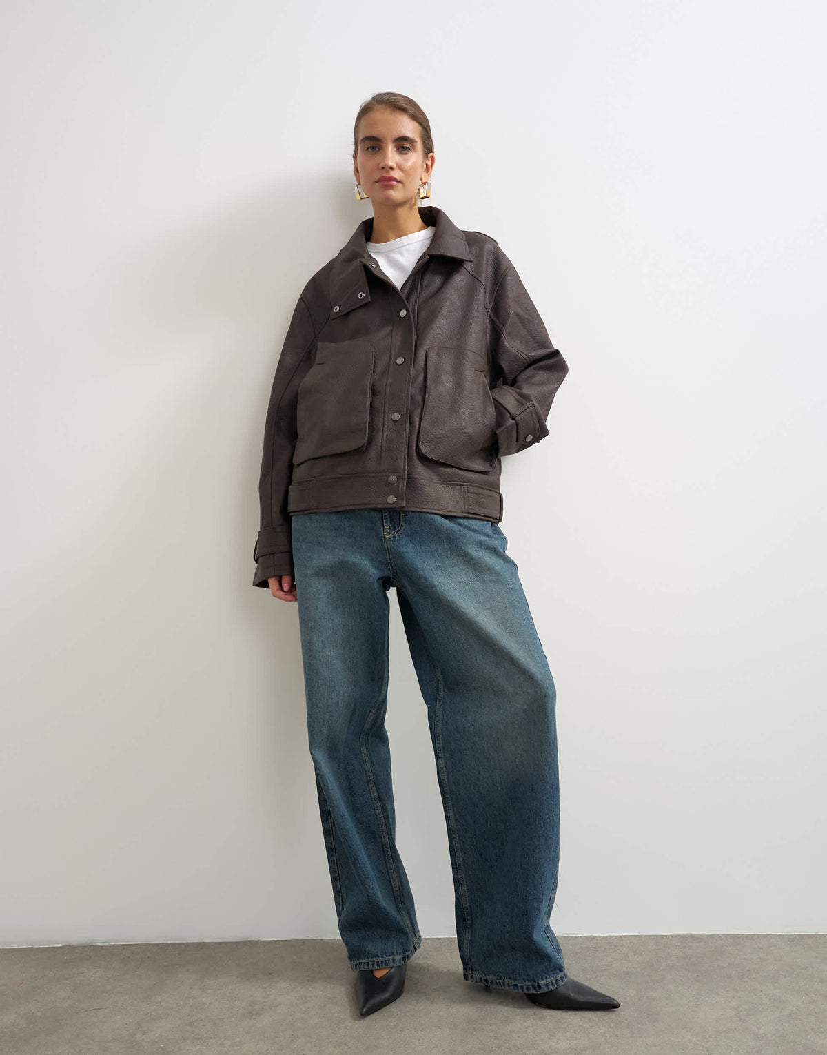 Topshop faux leather funnel neck jacket in chocolate