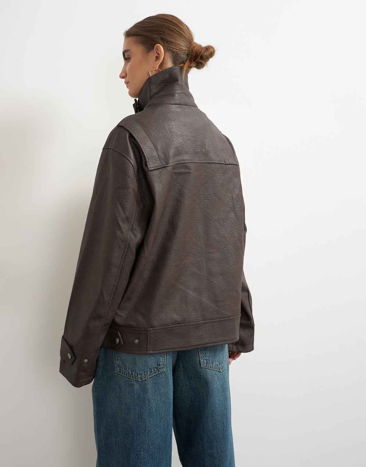 Topshop faux leather funnel neck jacket in chocolate