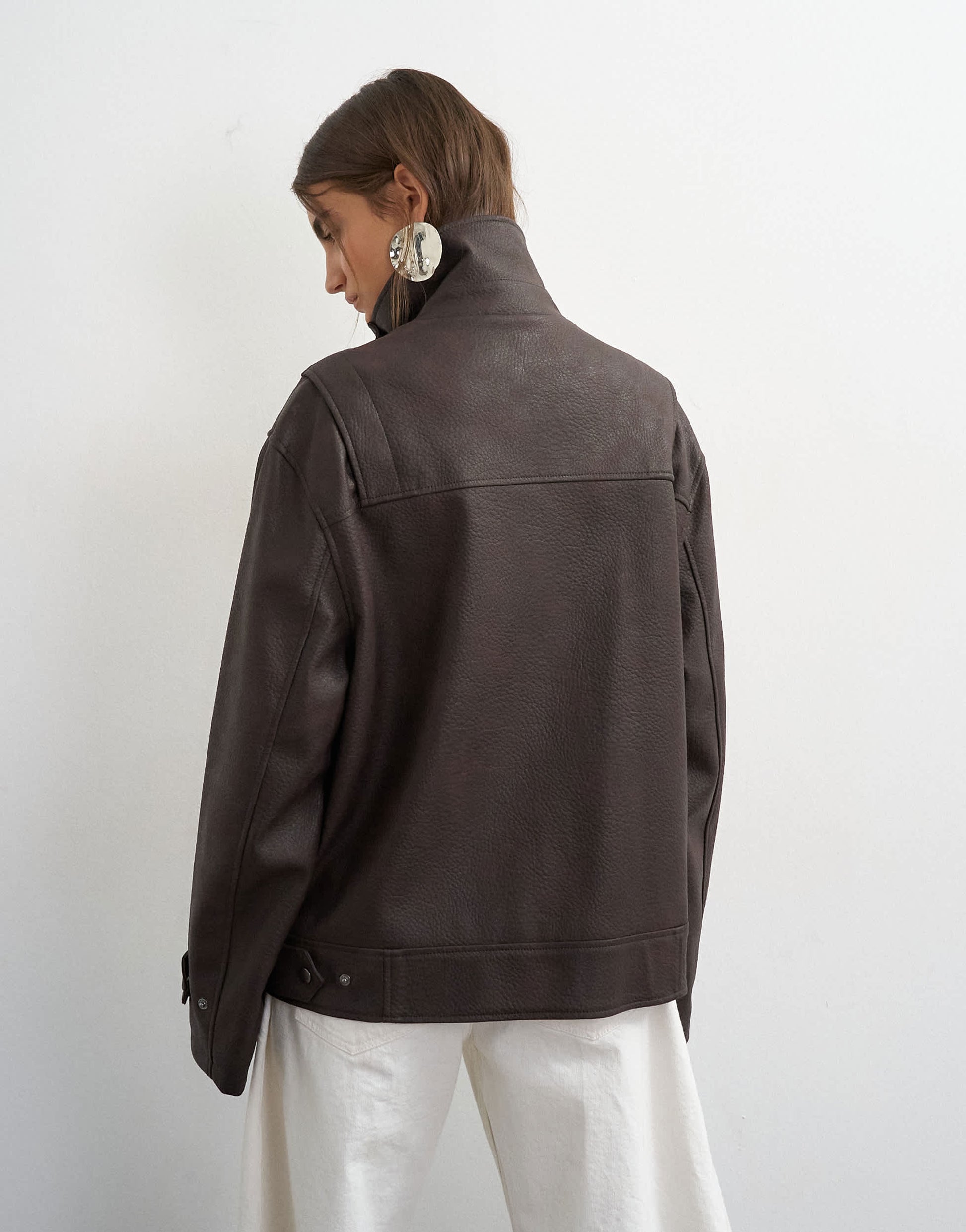 Topshop faux leather funnel neck jacket in chocolate