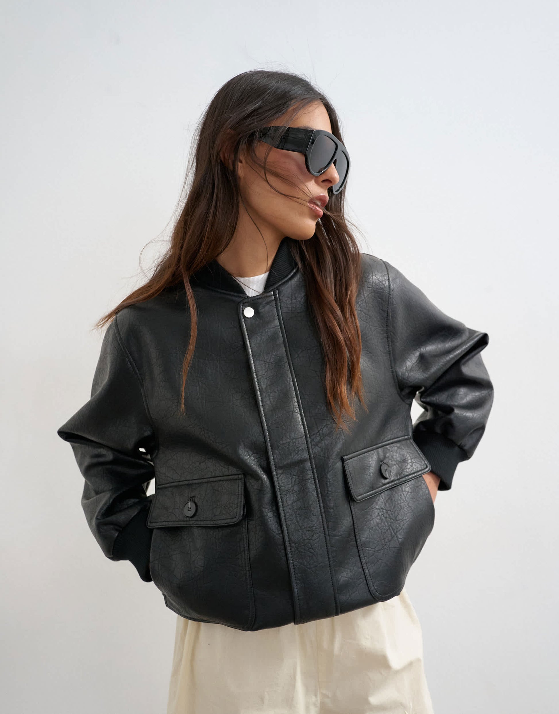 Topshop faux leather nero collar bomber jacket in black