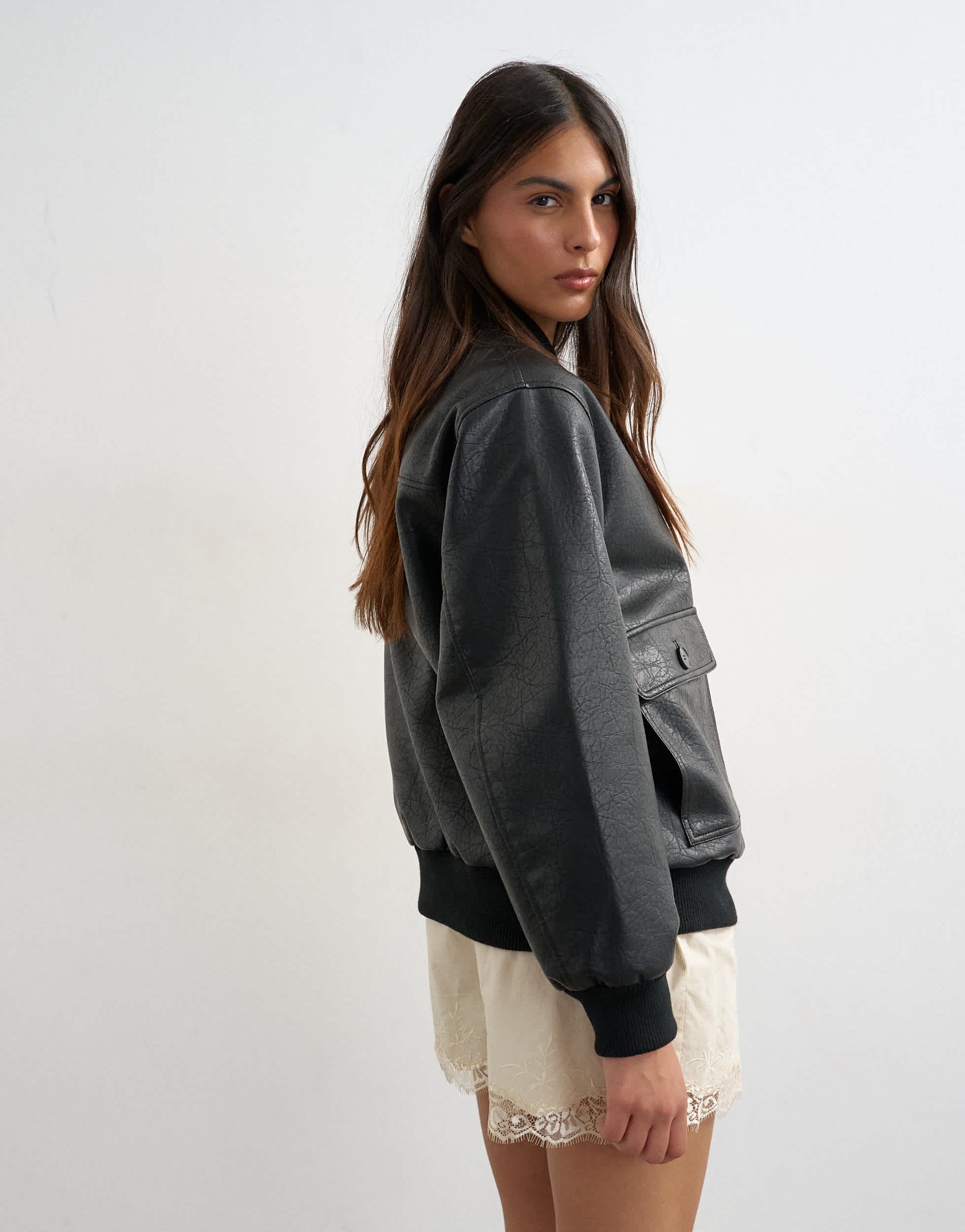 Topshop faux leather nero collar bomber jacket in black