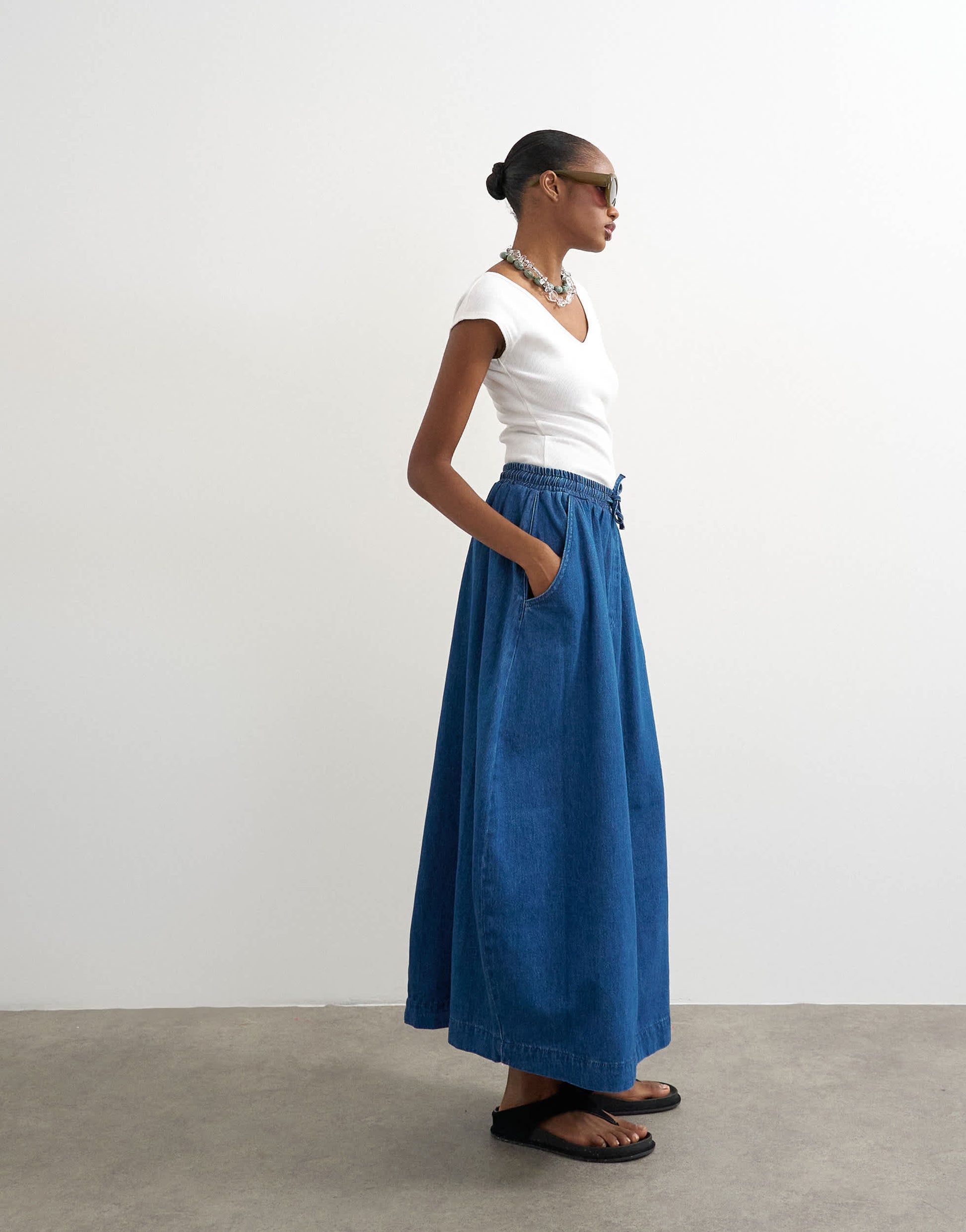 Topshop denim pull on maxi skirt in rich blue