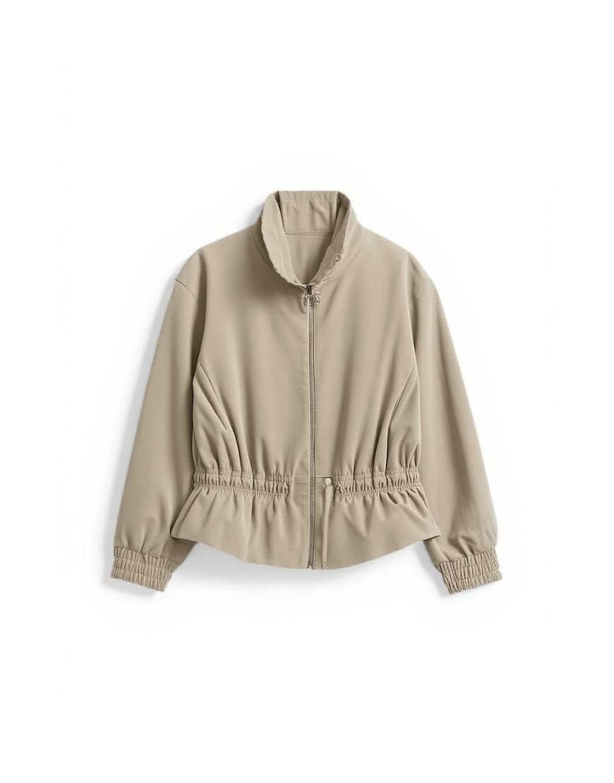 Topshop toggle waist leather look zip through jacket in taupe
