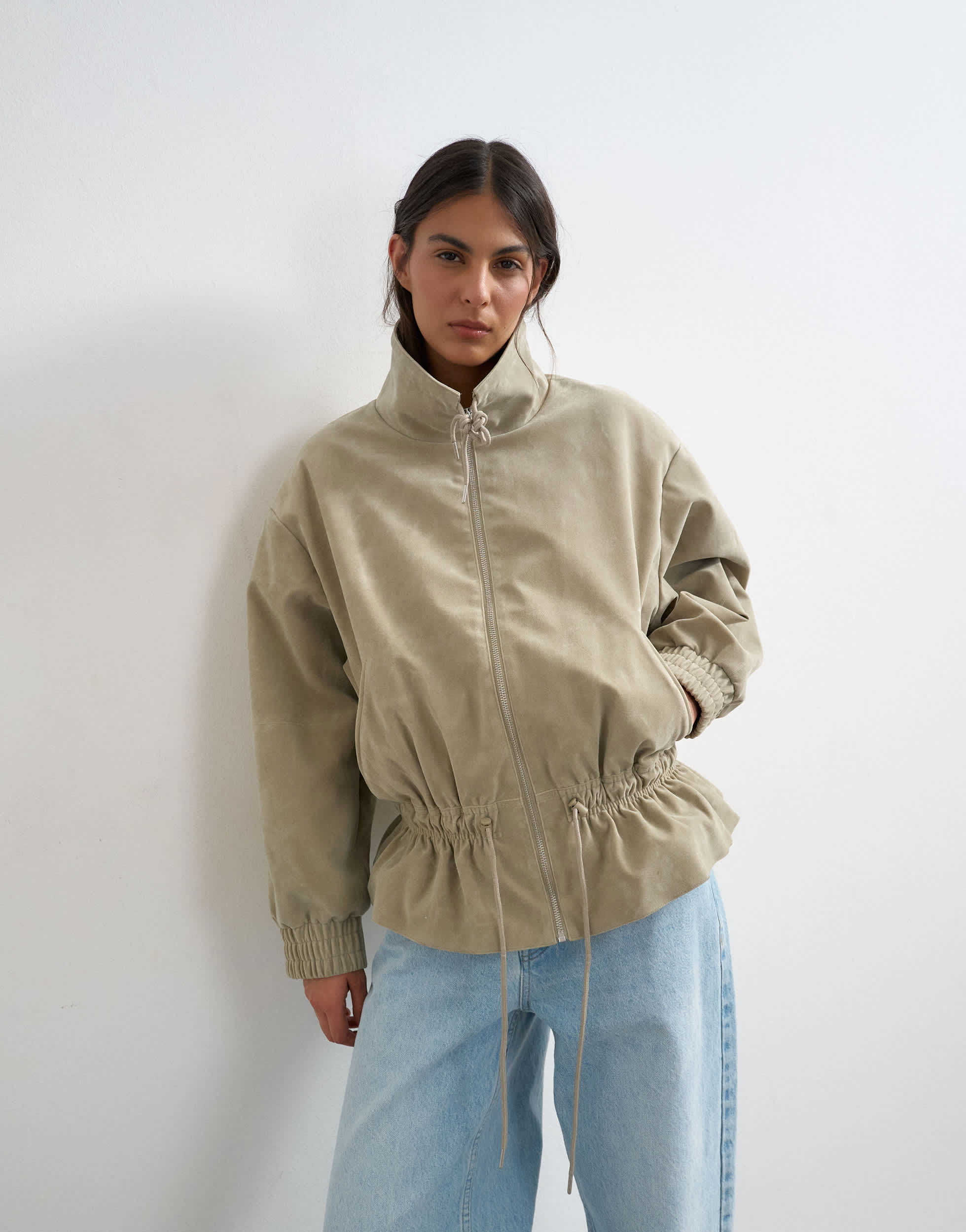 Topshop toggle waist leather look zip through jacket in taupe
