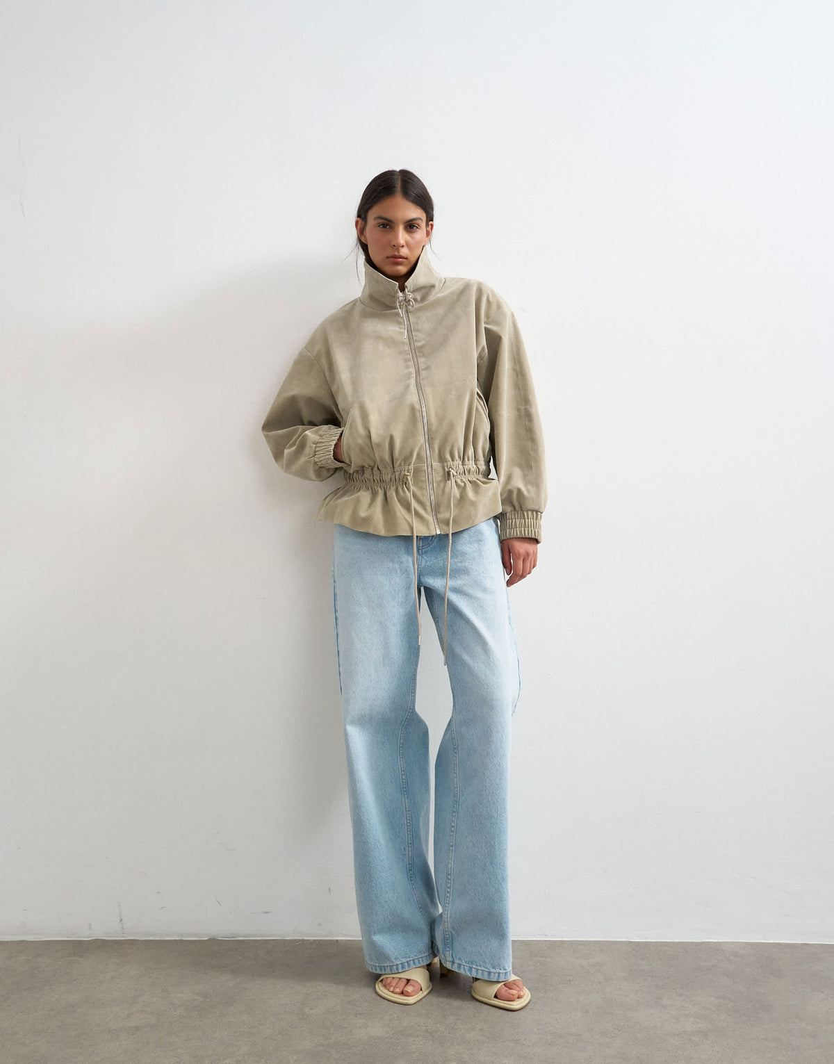 Topshop toggle waist leather look zip through jacket in taupe