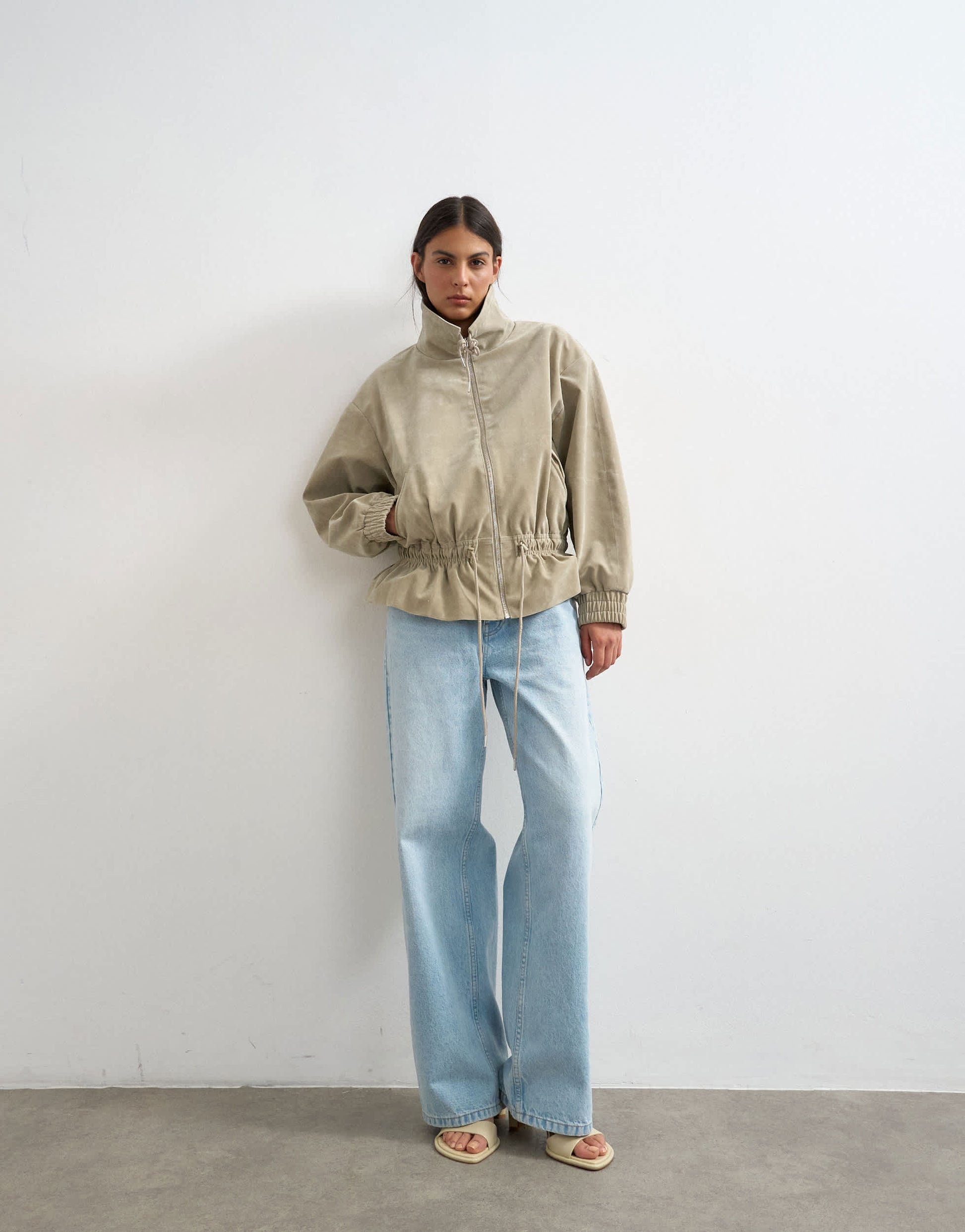 Topshop toggle waist leather look zip through jacket in taupe