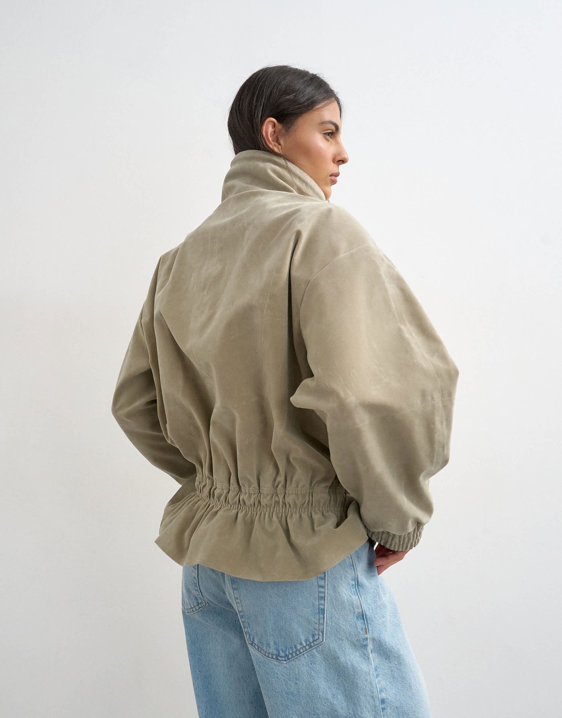 Topshop toggle waist leather look zip through jacket in taupe