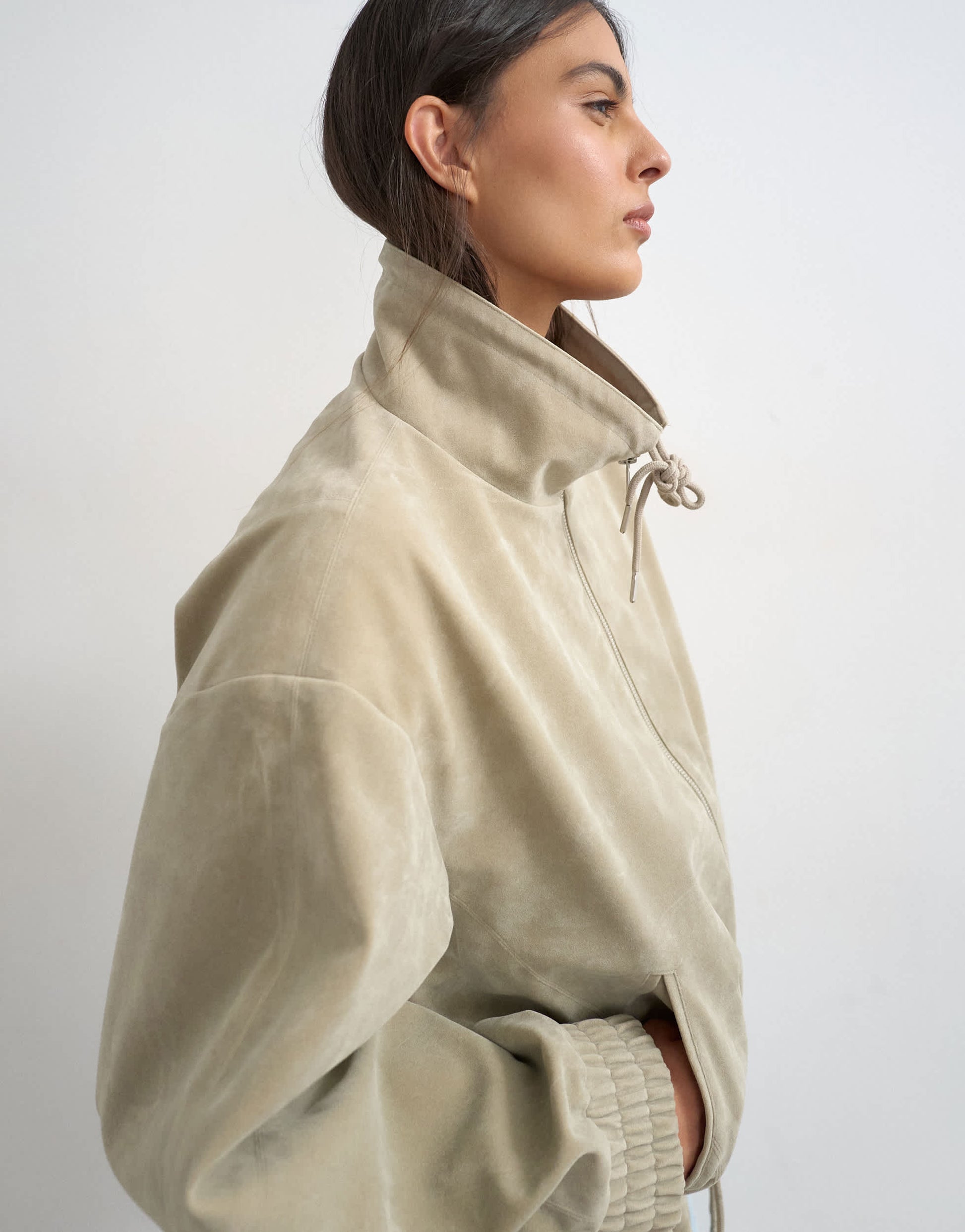 Topshop toggle waist leather look zip through jacket in taupe
