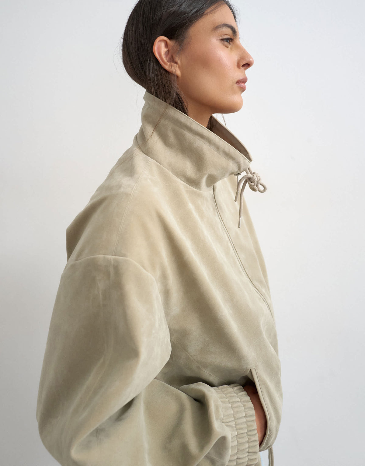 Topshop toggle waist leather look zip through jacket in taupe