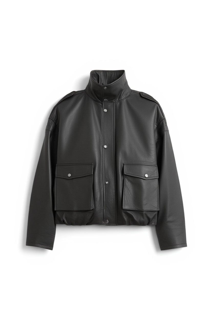 Topshop faux leather funnel neck drawstring bomber in black