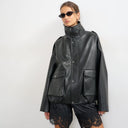 Topshop faux leather funnel neck drawstring bomber in black
