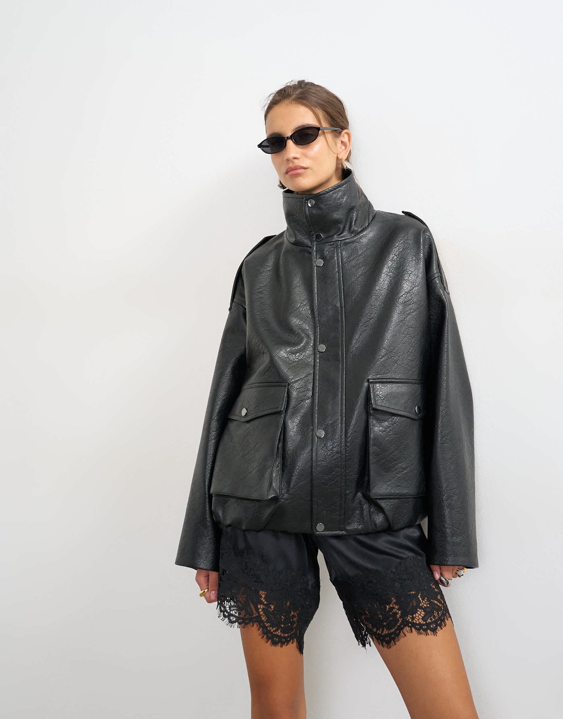 Topshop faux leather funnel neck drawstring bomber in black