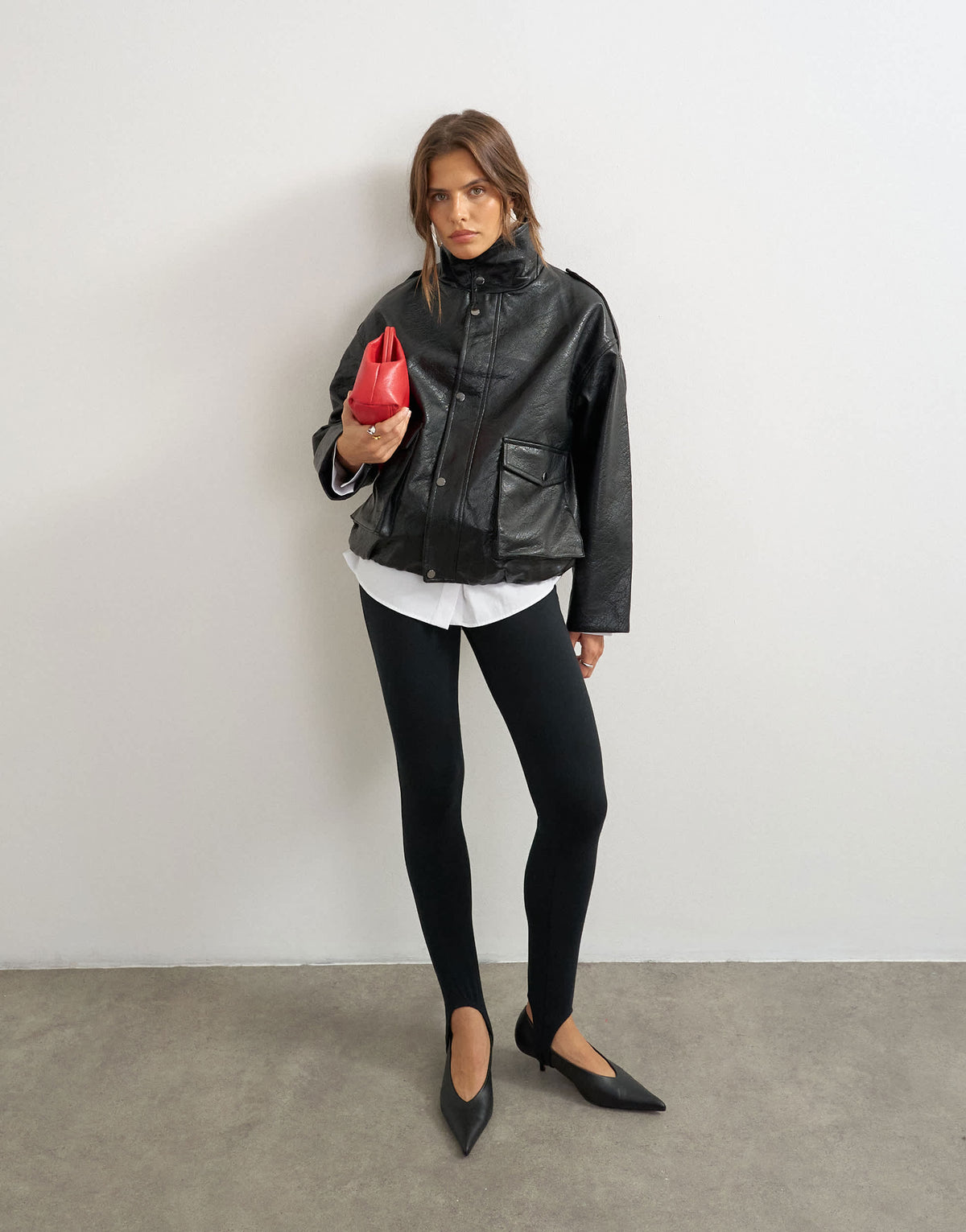 Topshop faux leather funnel neck drawstring bomber in black