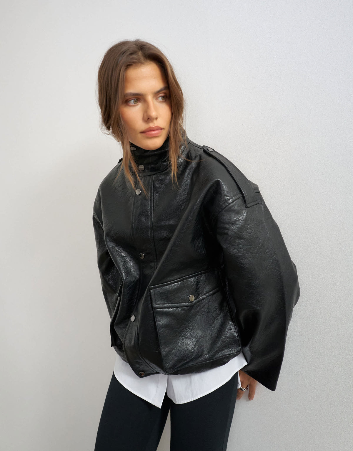 Topshop faux leather funnel neck drawstring bomber in black