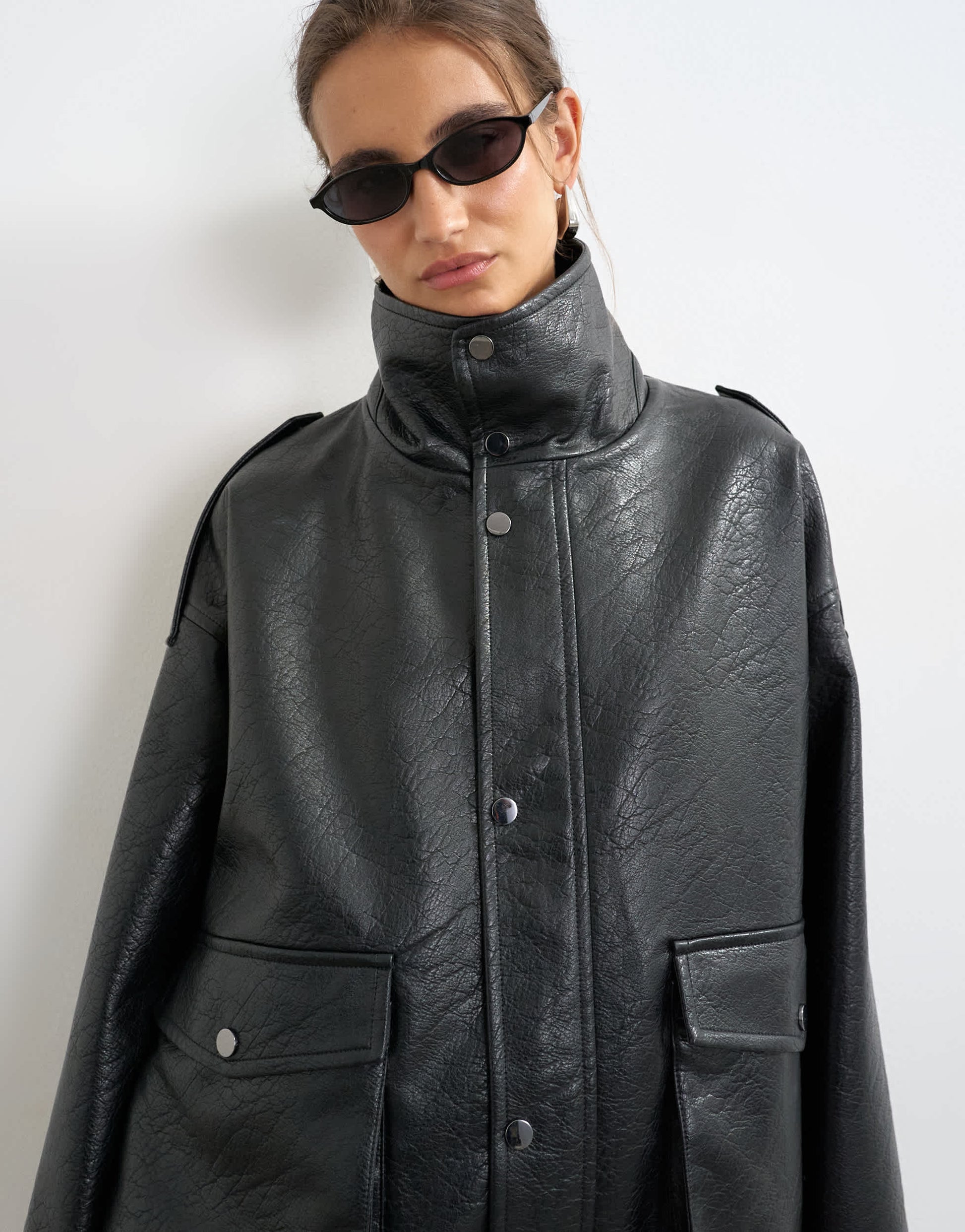 Topshop faux leather funnel neck drawstring bomber in black