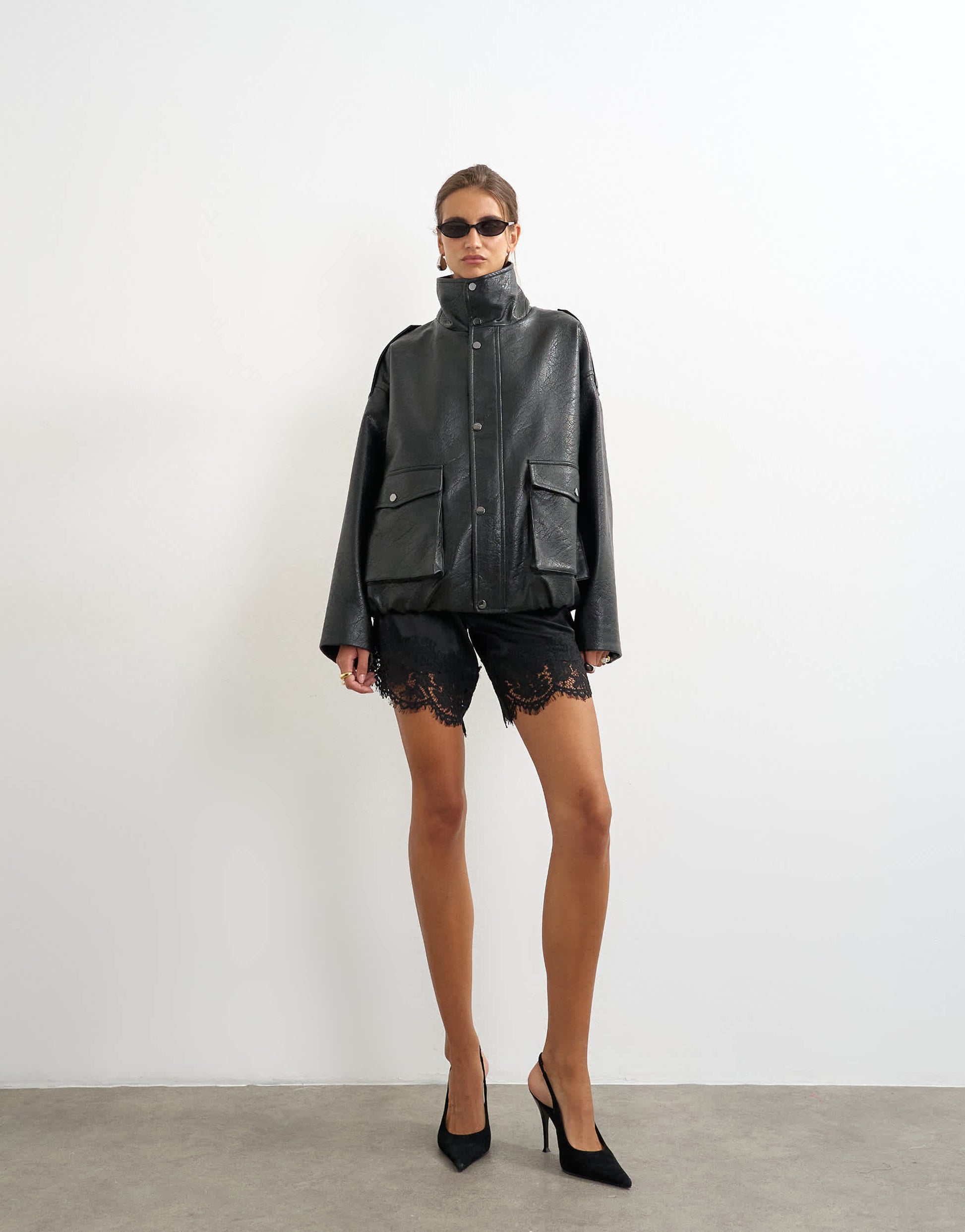 Topshop faux leather funnel neck drawstring bomber in black