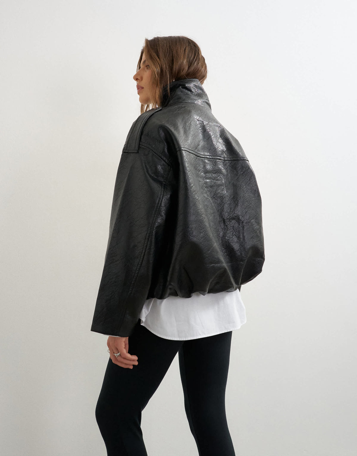 Topshop faux leather funnel neck drawstring bomber in black