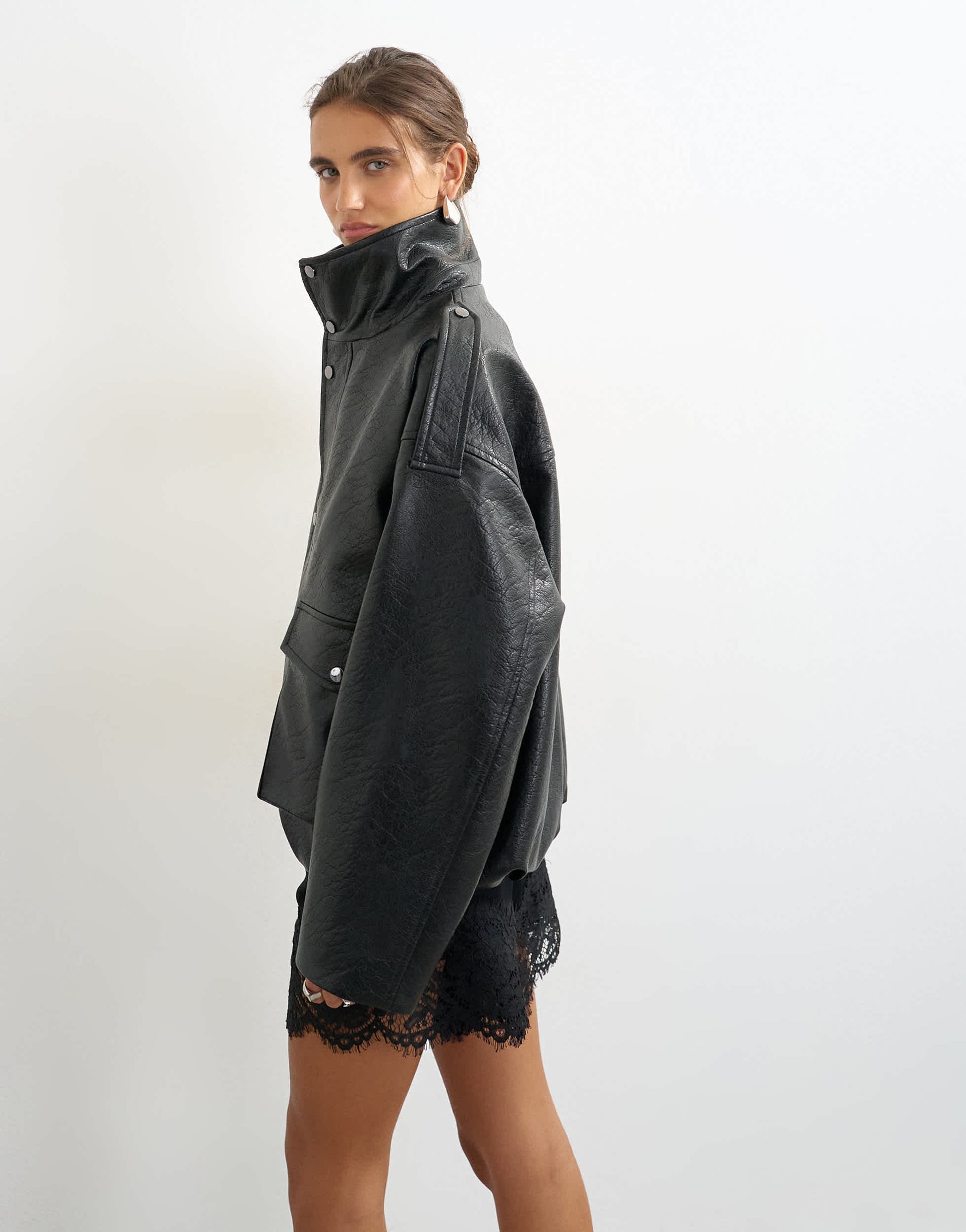Topshop faux leather funnel neck drawstring bomber in black