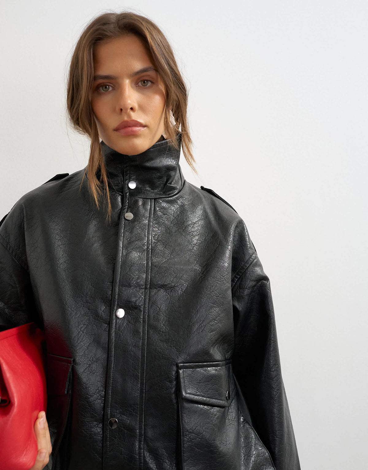 Topshop faux leather funnel neck drawstring bomber in black