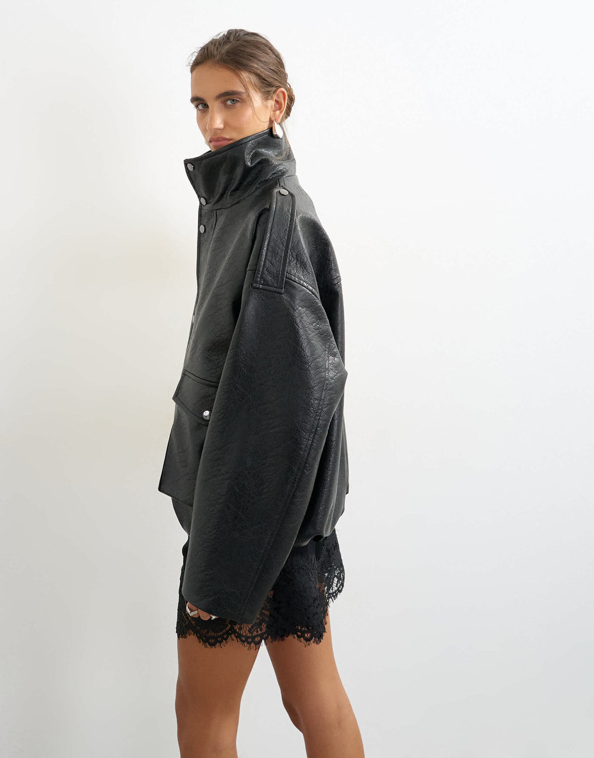 Topshop faux leather funnel neck drawstring bomber in black