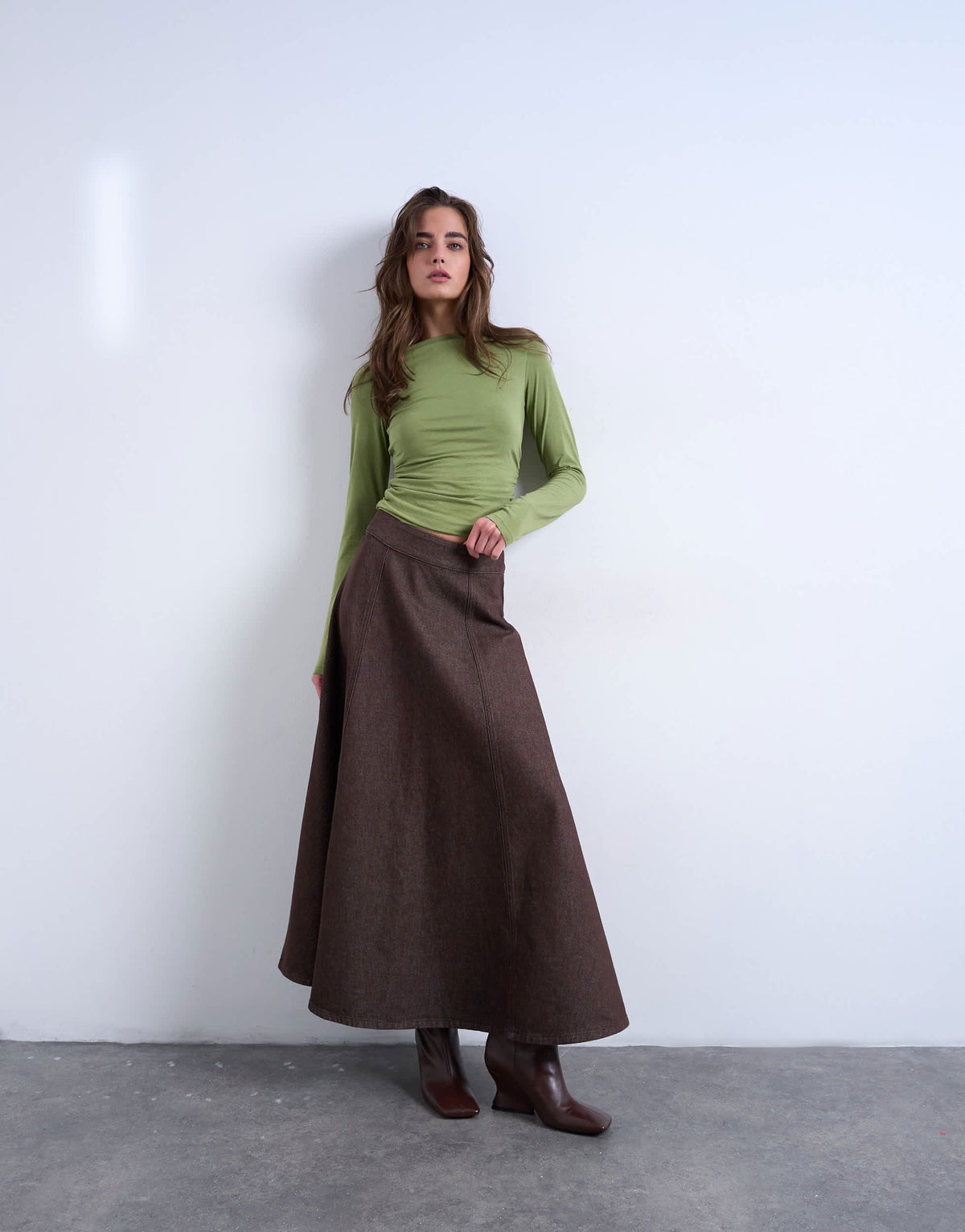 Topshop denim circle skirt in brown