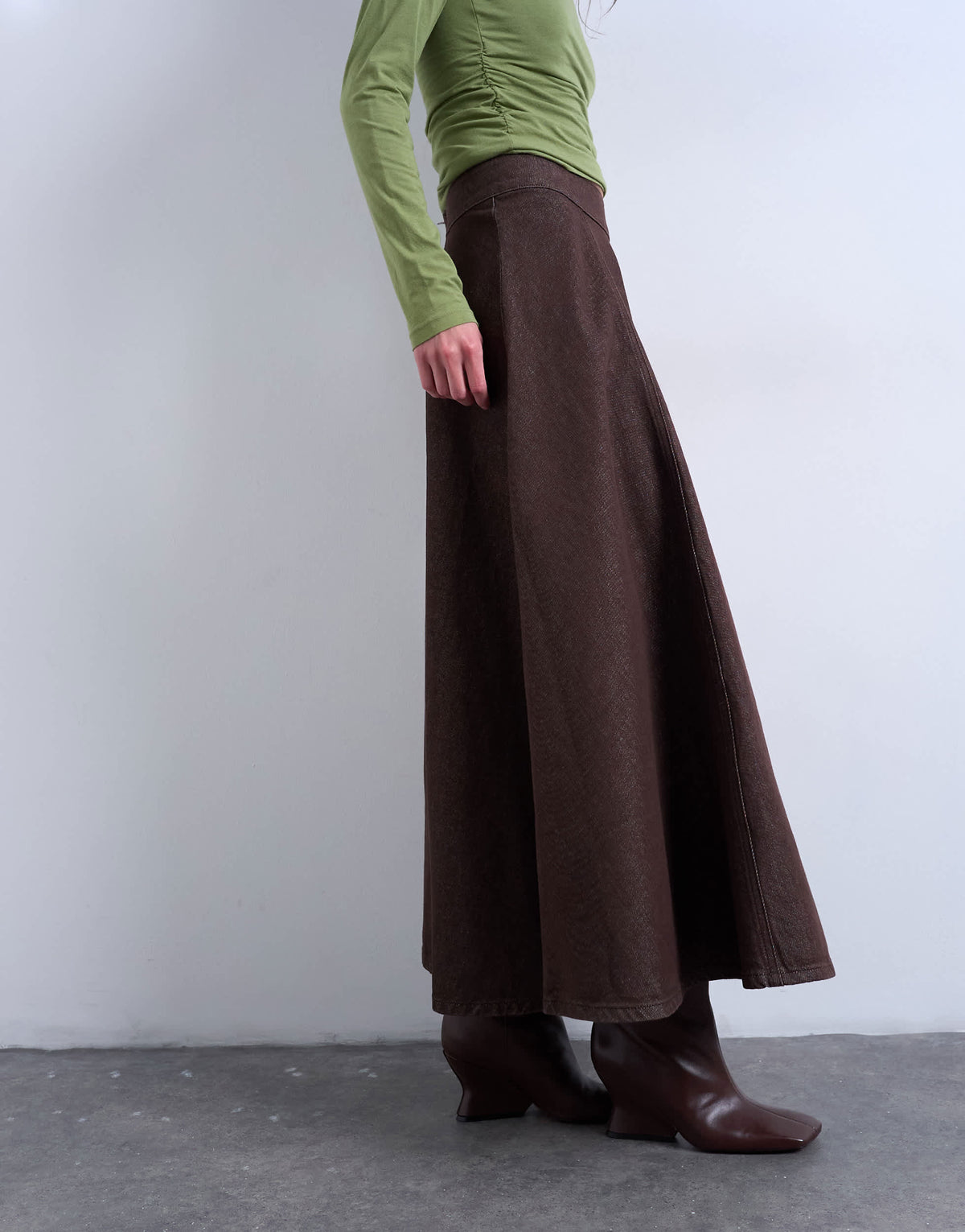 Topshop denim circle skirt in brown