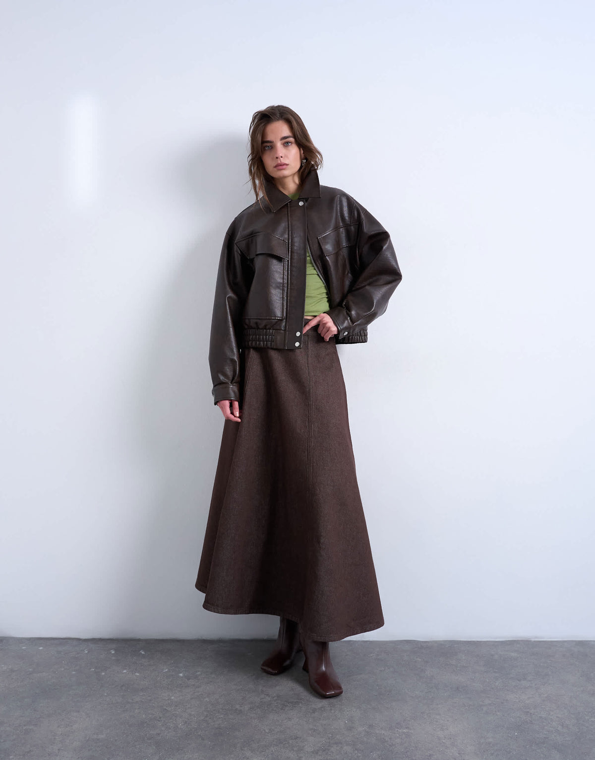 Topshop denim circle skirt in brown