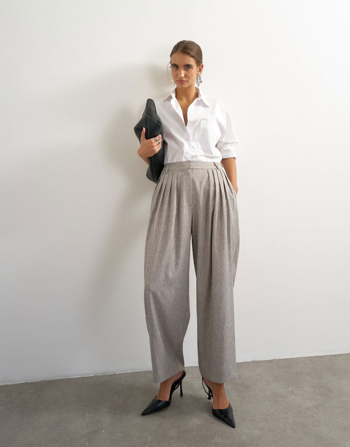 Topshop co ord  multi pleated wide leg trouser in taupe marl
