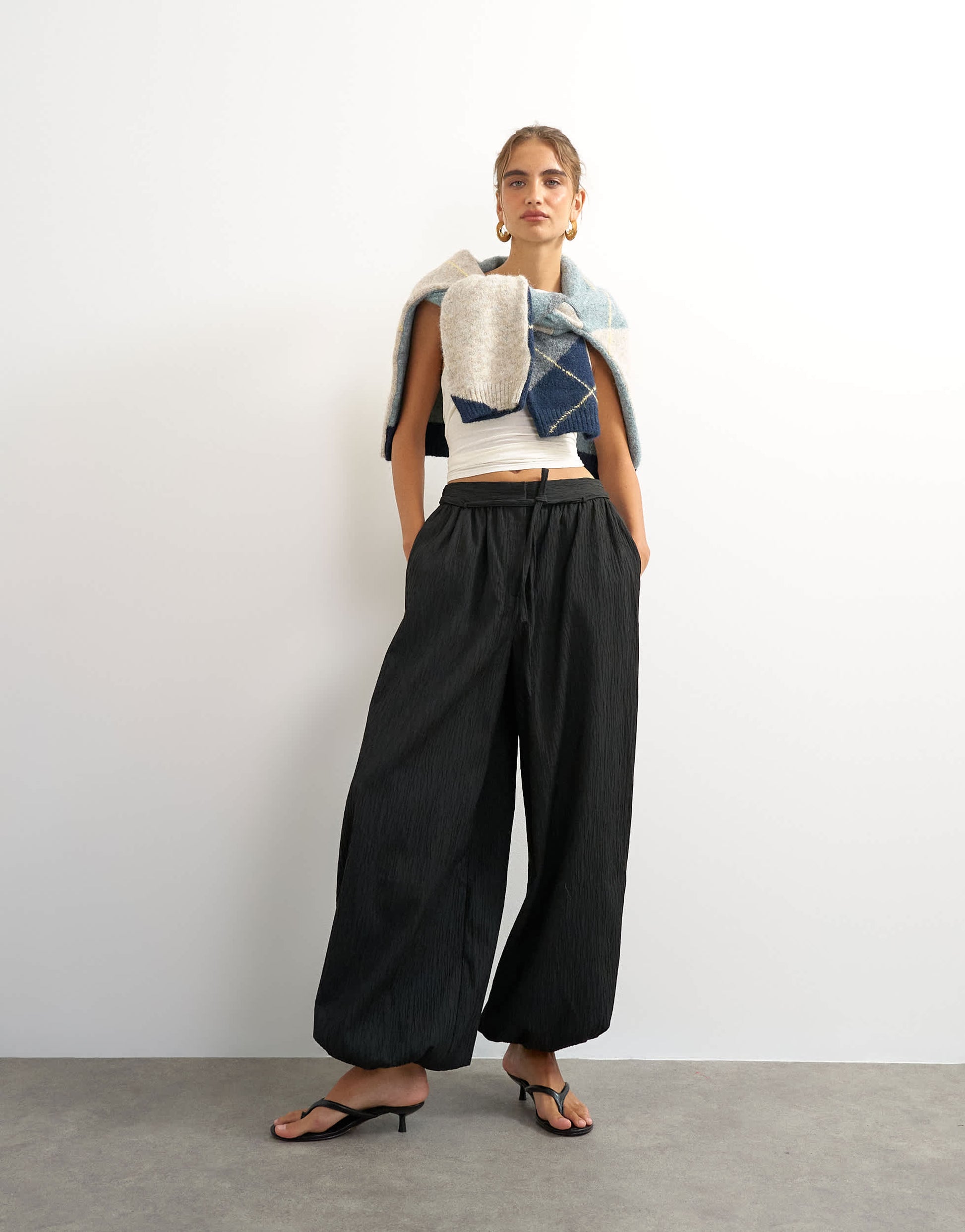 Topshop co ord occassion plisse balloon tie front trouser in black