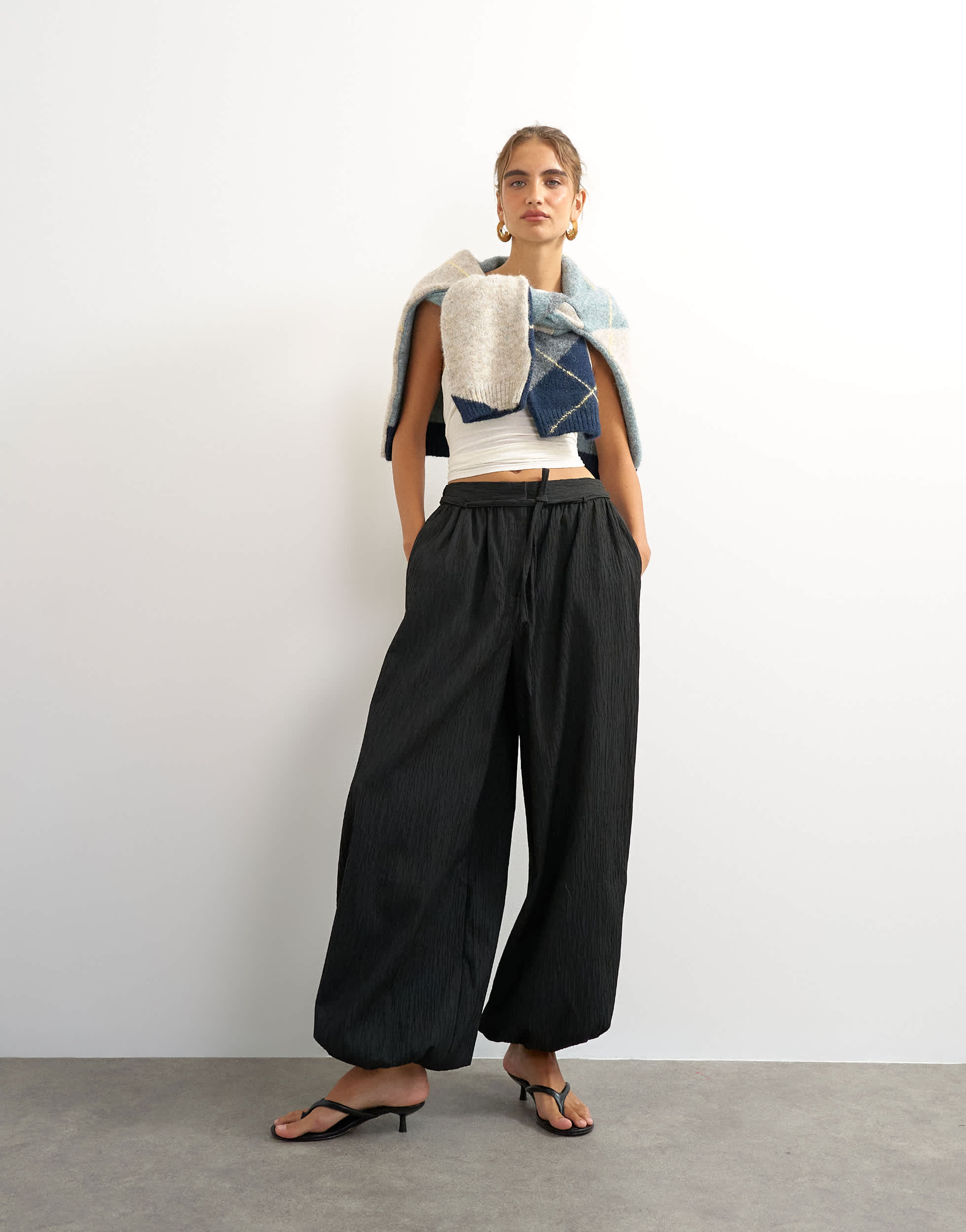 Topshop co ord occassion plisse balloon tie front trouser in black