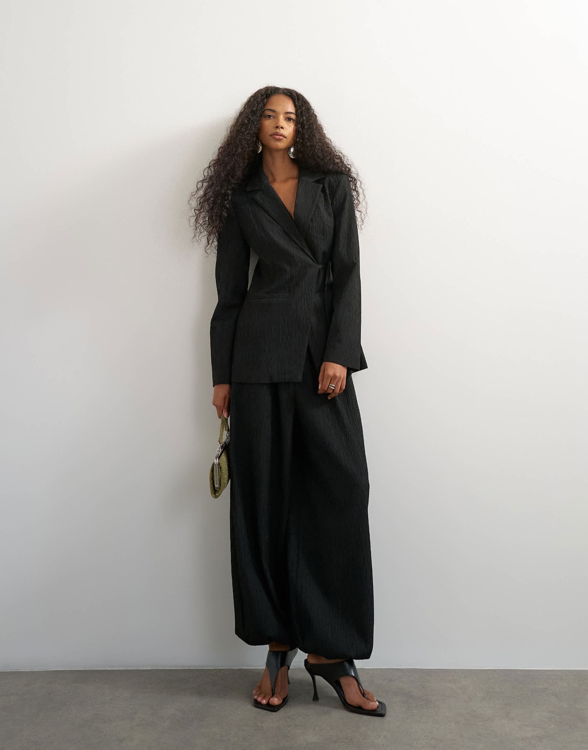 Topshop co ord occassion plisse balloon tie front trouser in black