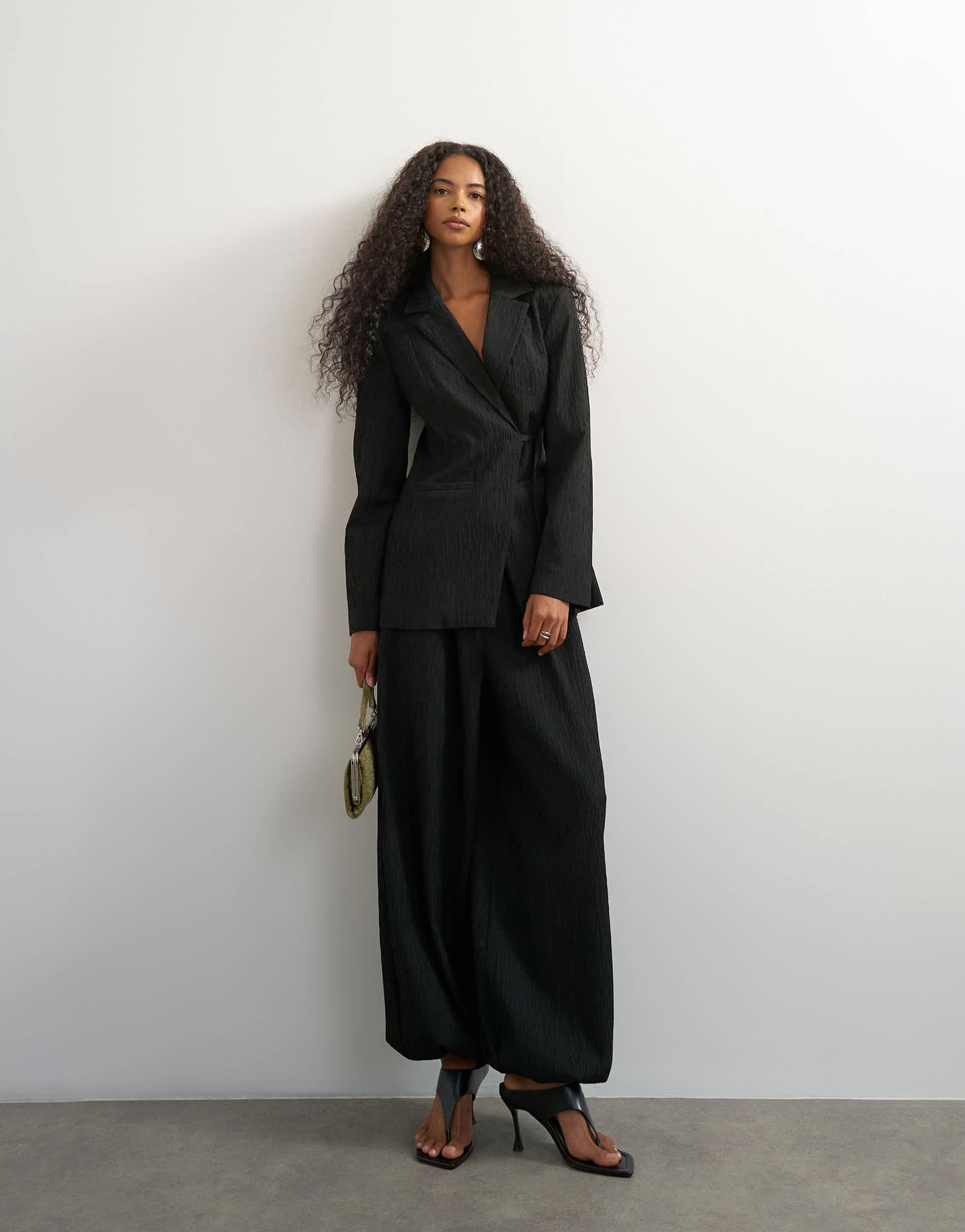 Topshop co ord occassion plisse balloon tie front trouser in black