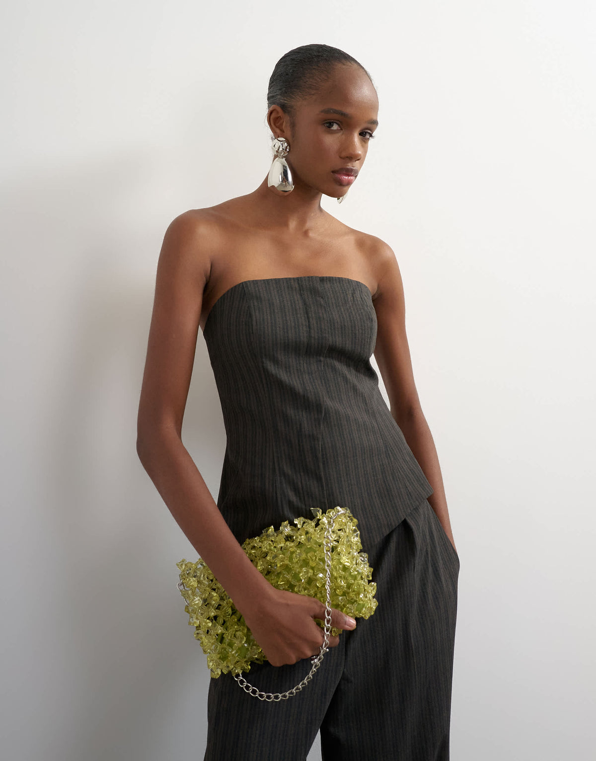 Topshop co ord stripe asymmetric seamed bandeau in brown