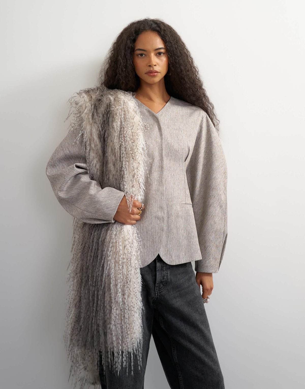 Topshop co ord ovoid sleeve collarless blazer in taupe marl