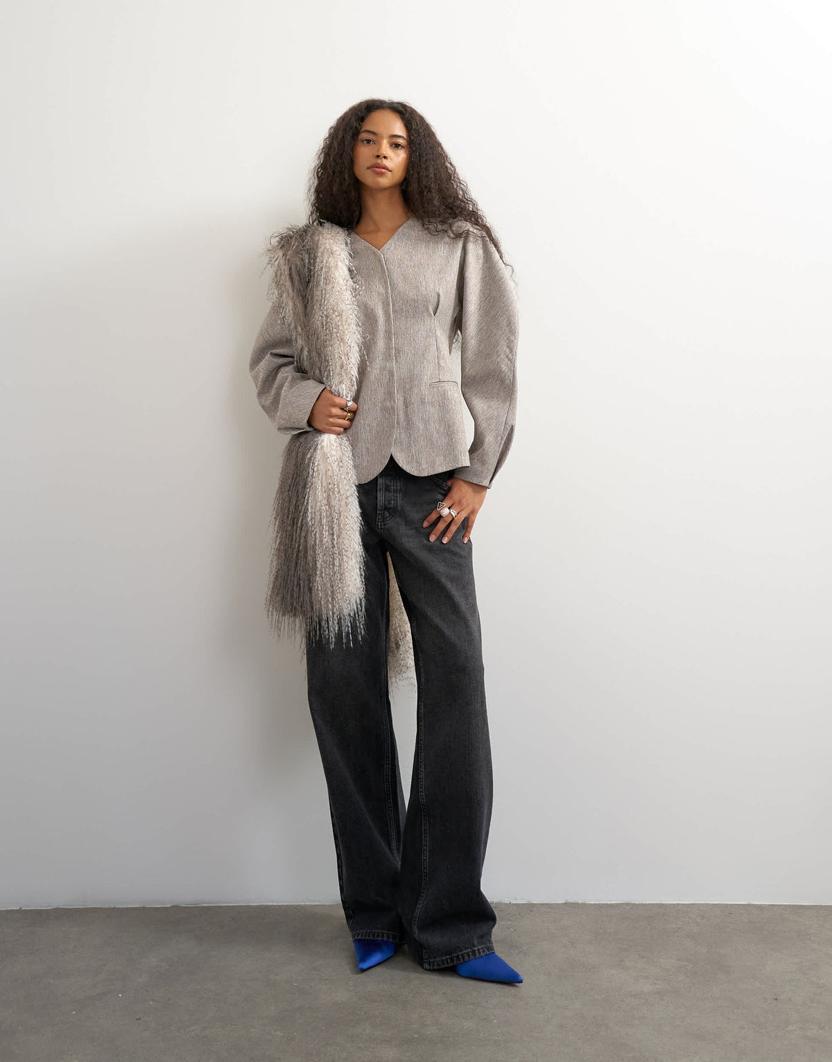 Topshop co ord ovoid sleeve collarless blazer in taupe marl