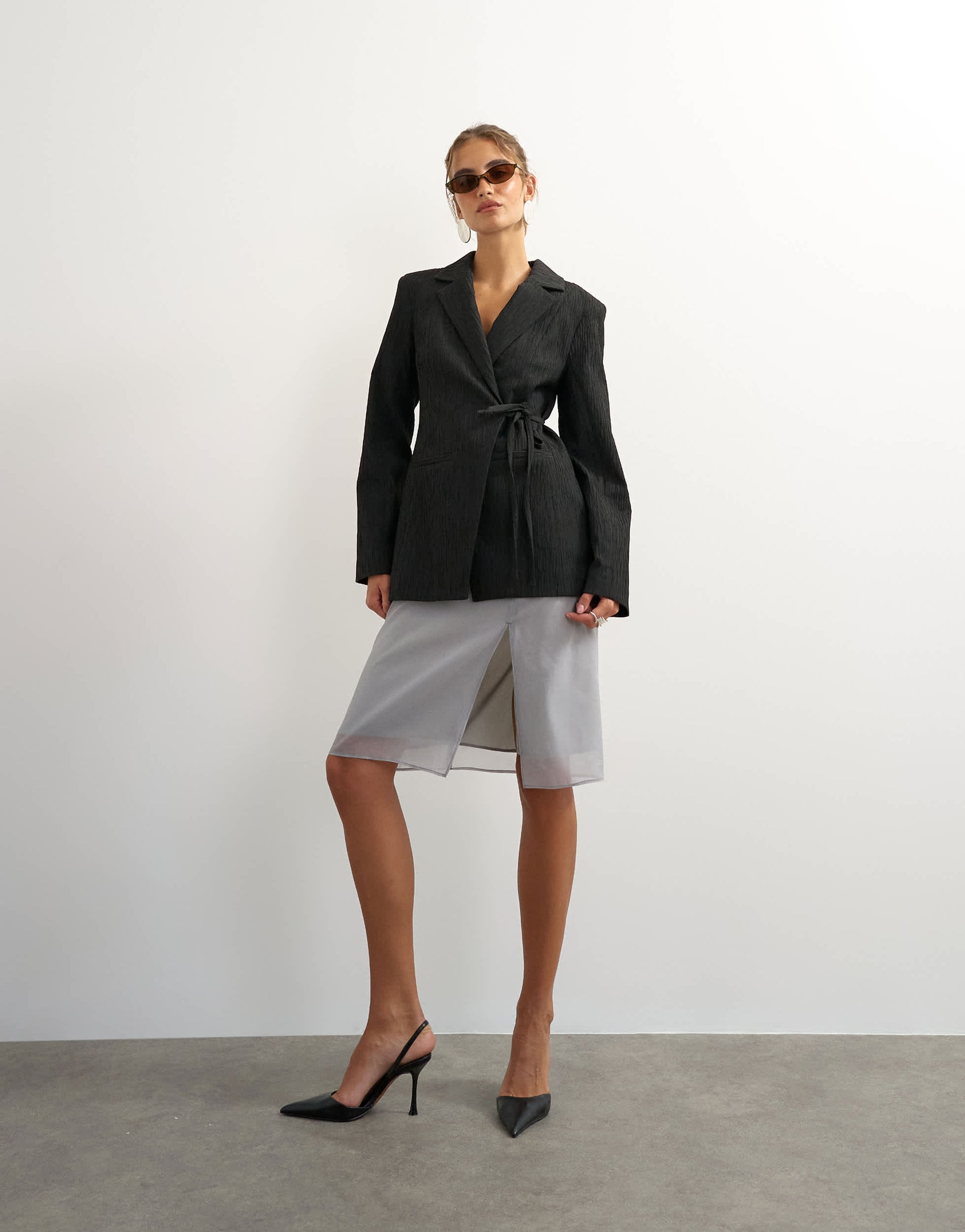 Topshop co ord occasion plisse tie waist blazer in black