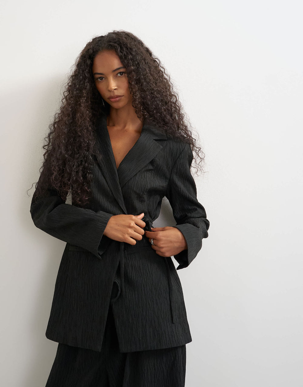 Topshop co ord occasion plisse tie waist blazer in black
